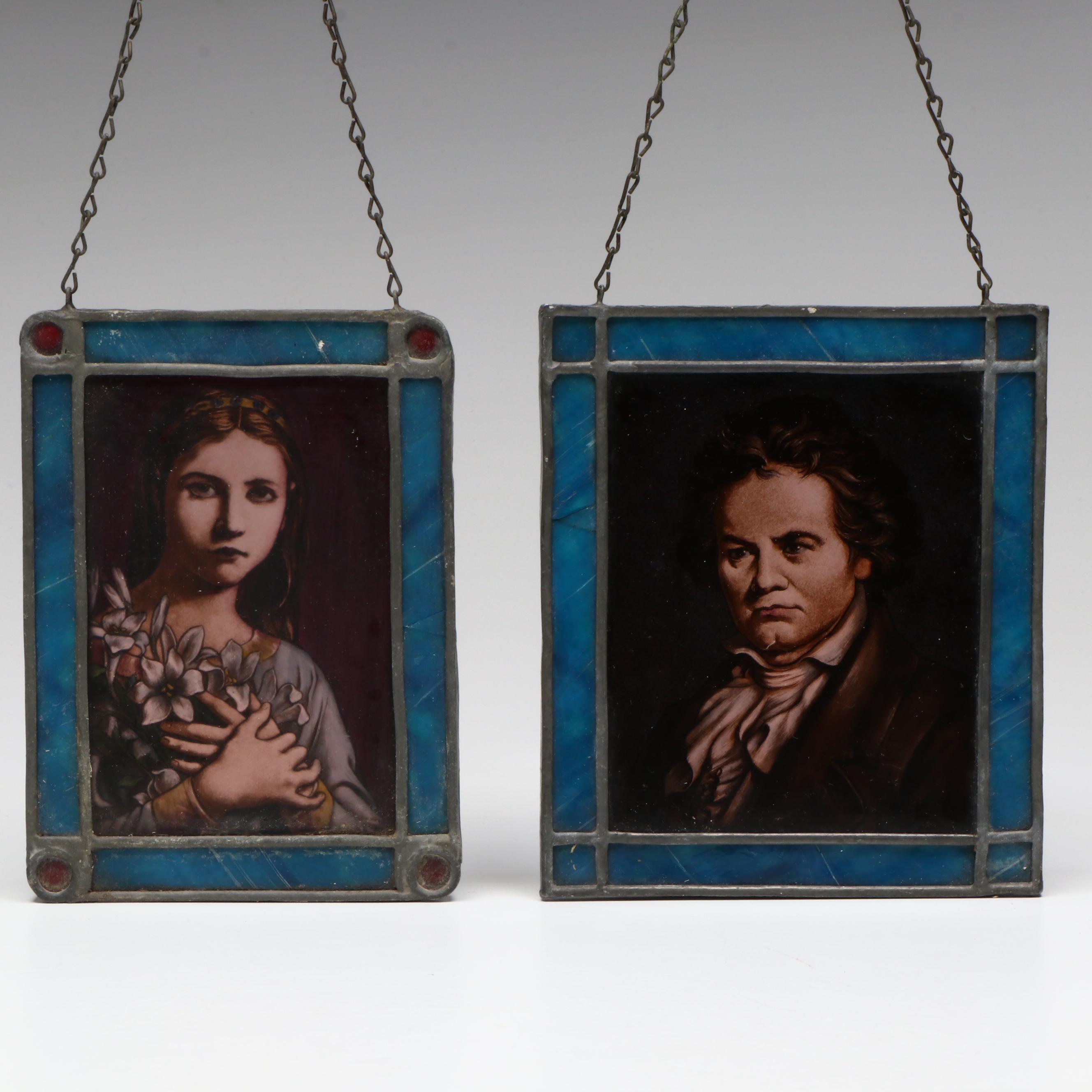 Hand-Painted Beethoven and Woman Stained Glass Portrait Panels