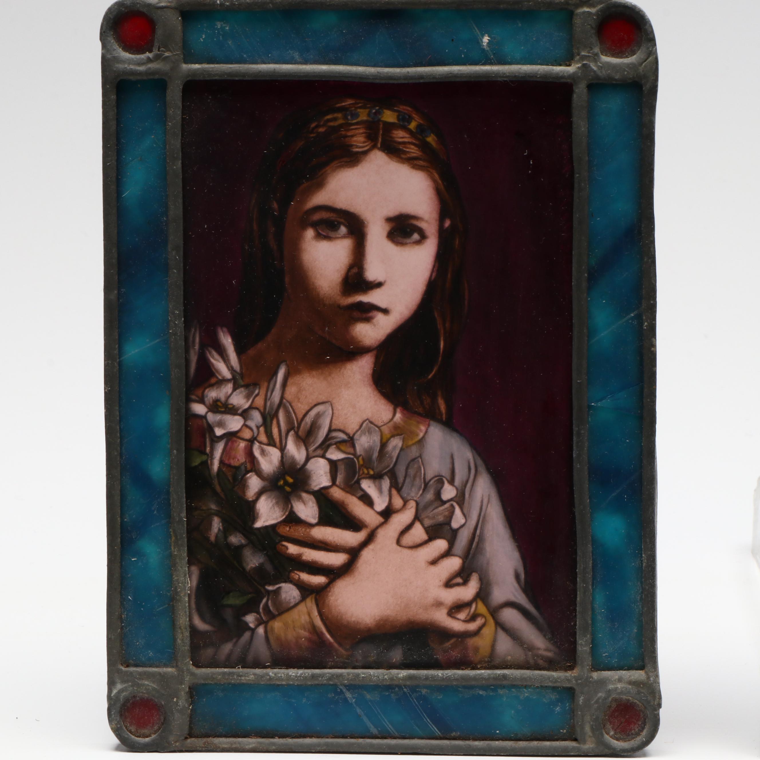 Hand-Painted Beethoven and Woman Stained Glass Portrait Panels