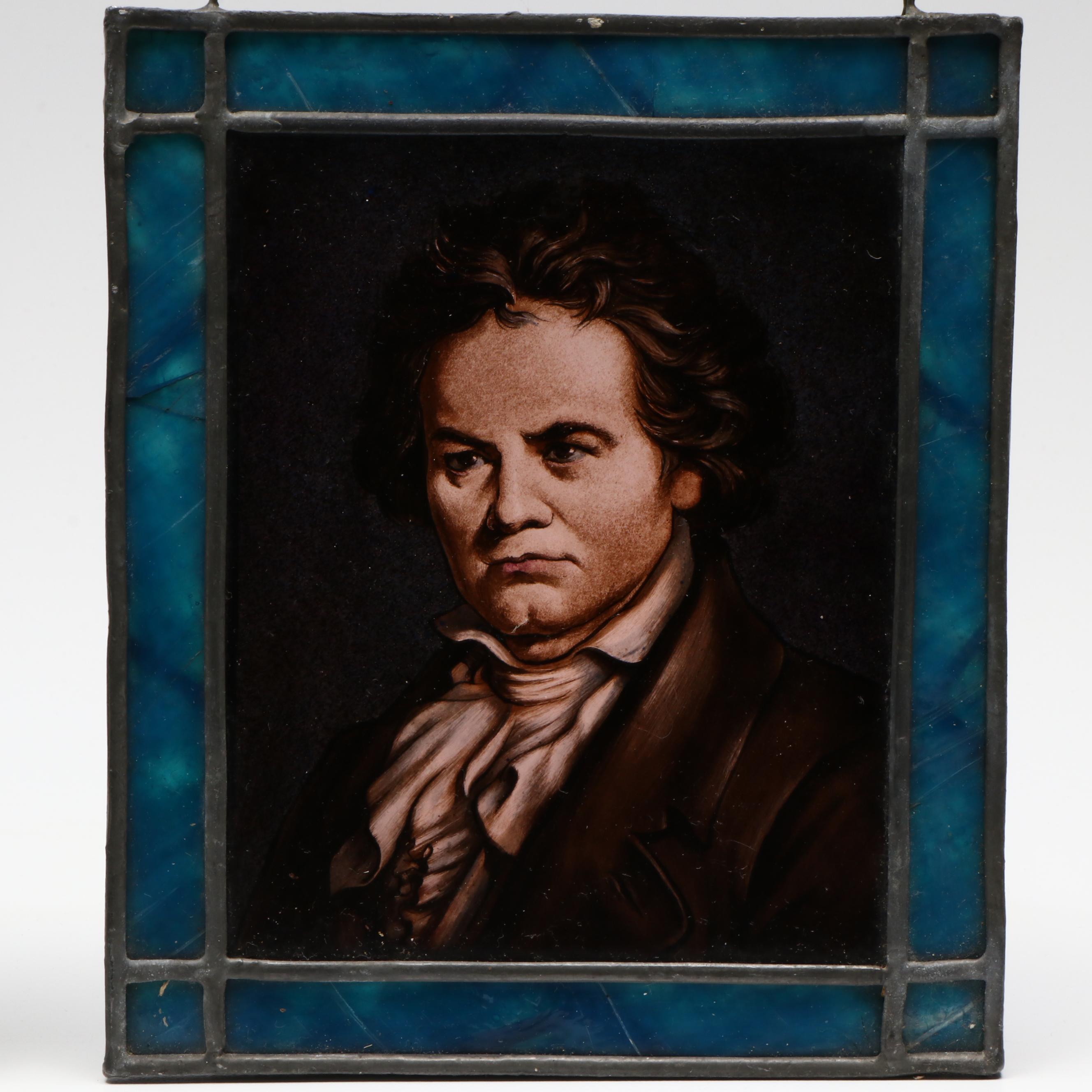 Hand-Painted Beethoven and Woman Stained Glass Portrait Panels