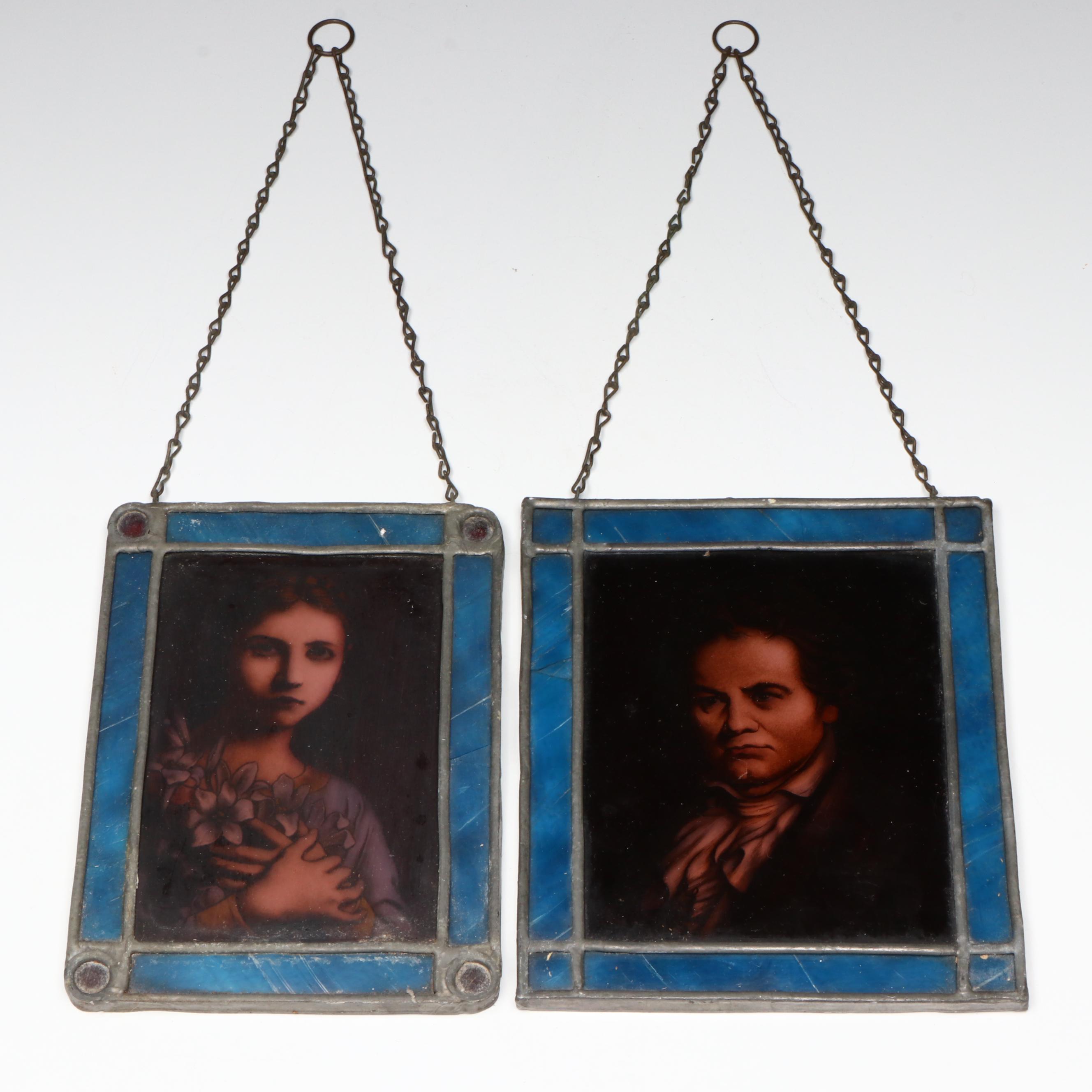 Hand-Painted Beethoven and Woman Stained Glass Portrait Panels