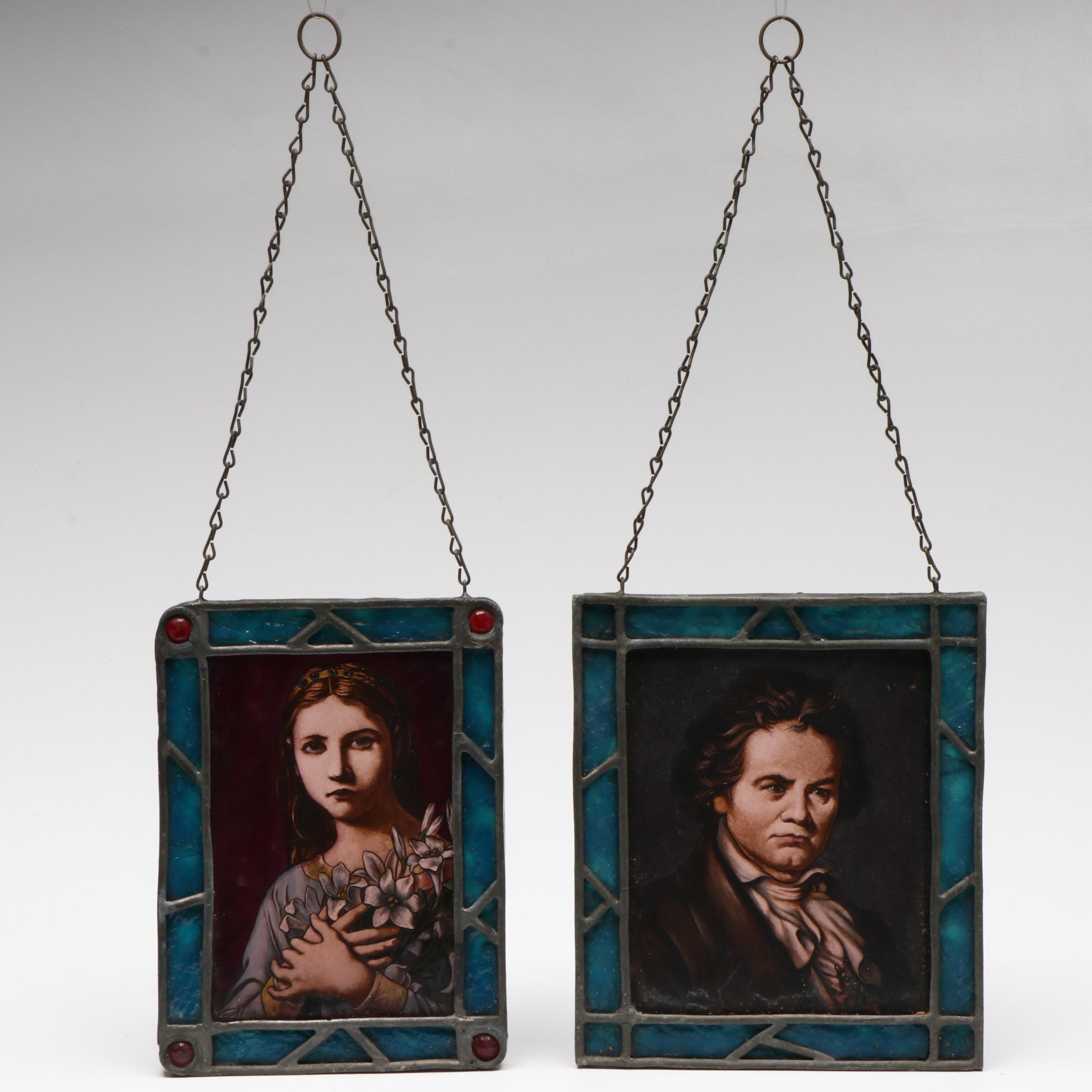 Hand-Painted Beethoven and Woman Stained Glass Portrait Panels