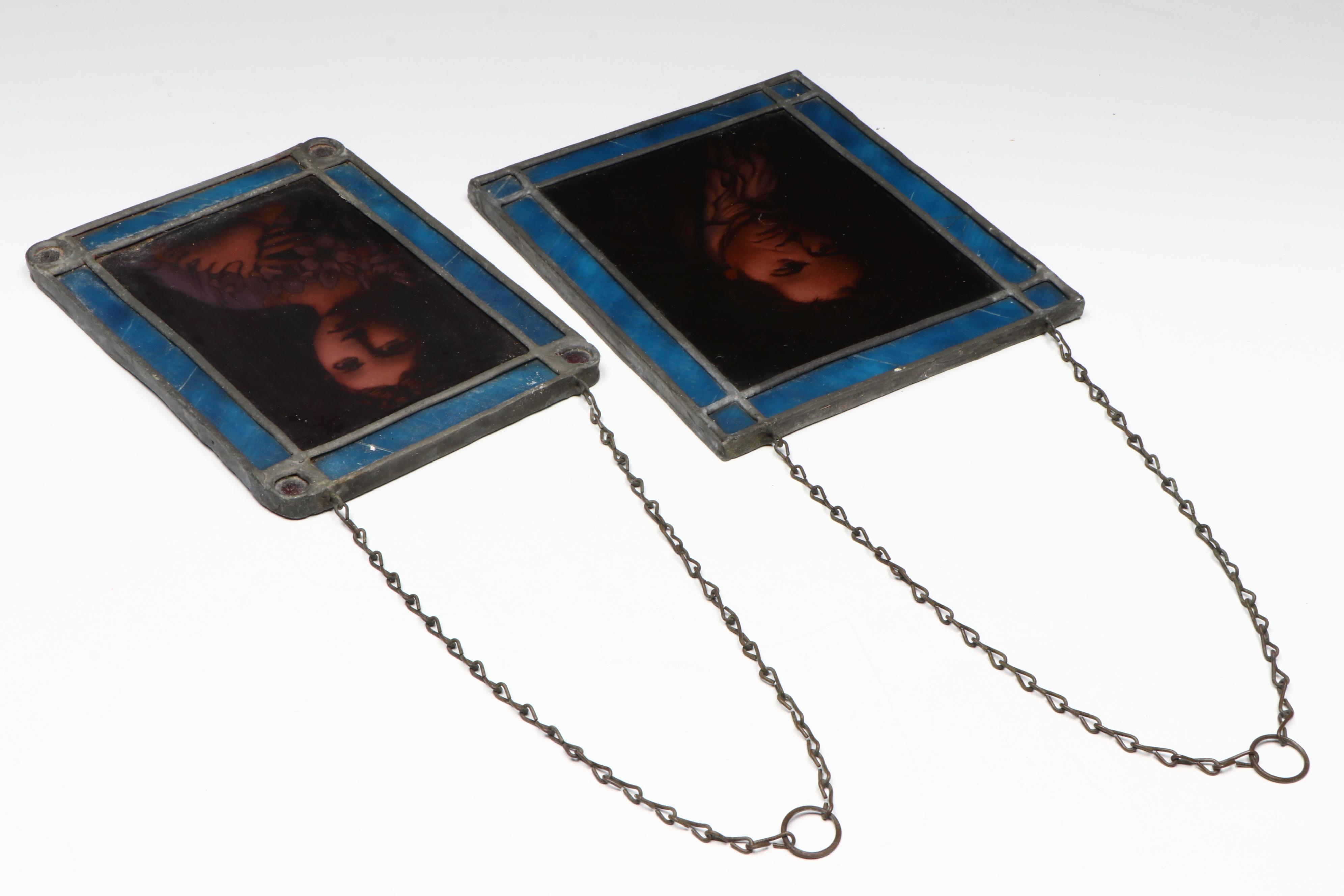 Hand-Painted Beethoven and Woman Stained Glass Portrait Panels