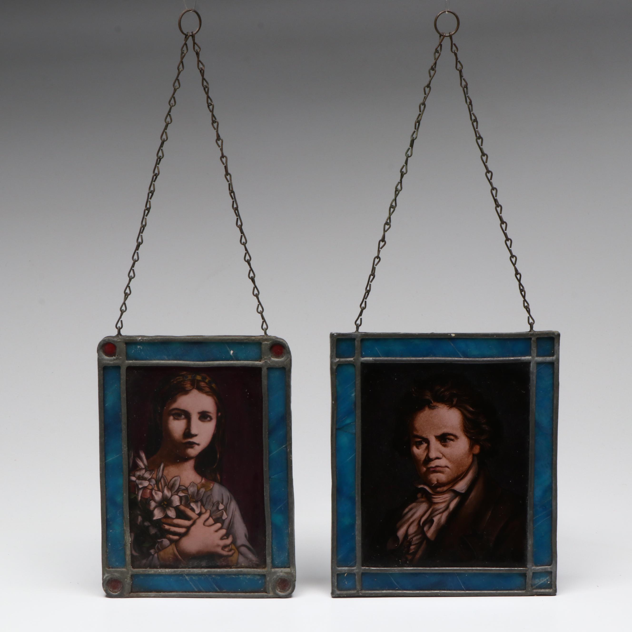Hand-Painted Beethoven and Woman Stained Glass Portrait Panels