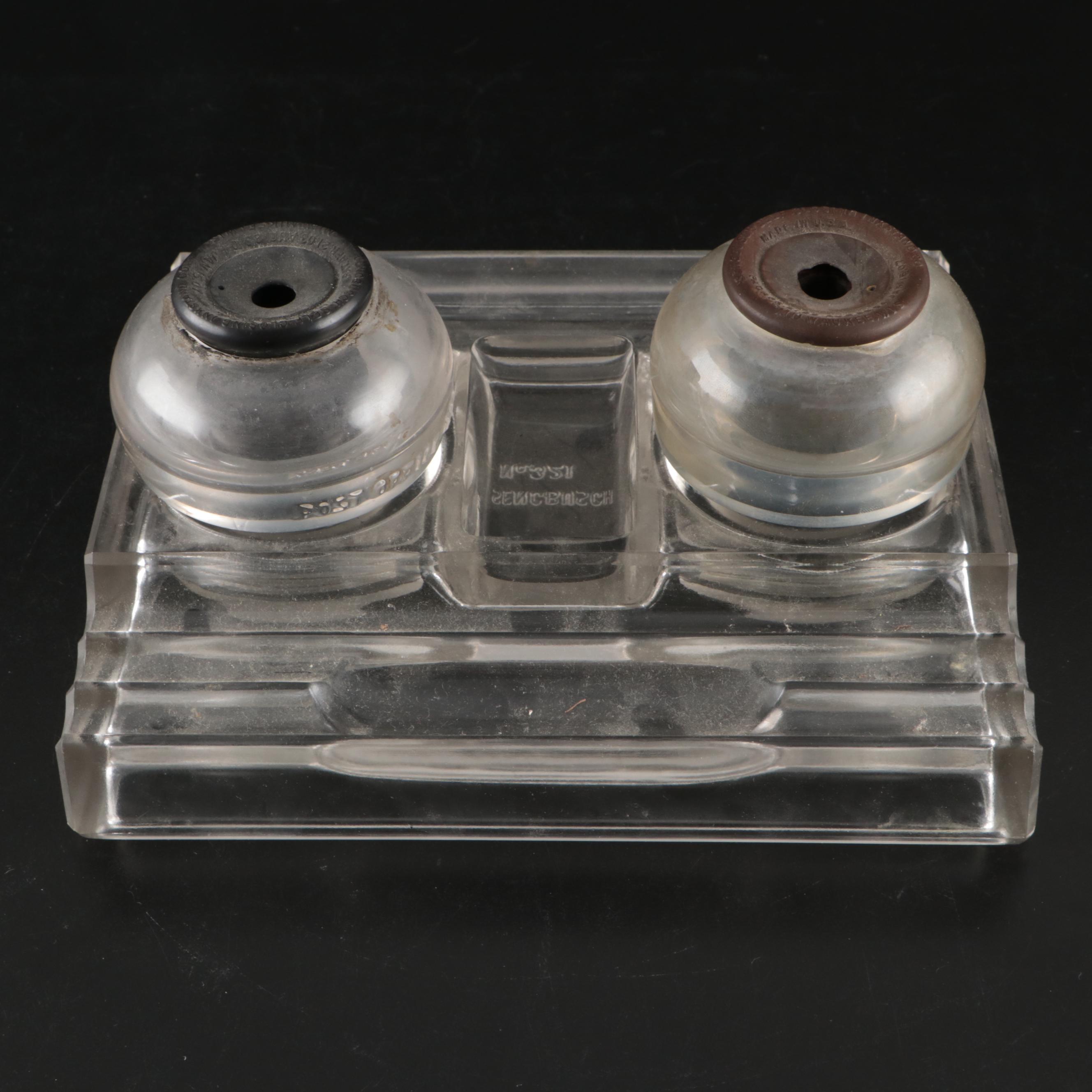 Art Deco Sengbusch Self-Closing Glass Inkstand, Early to Mid-20th Century