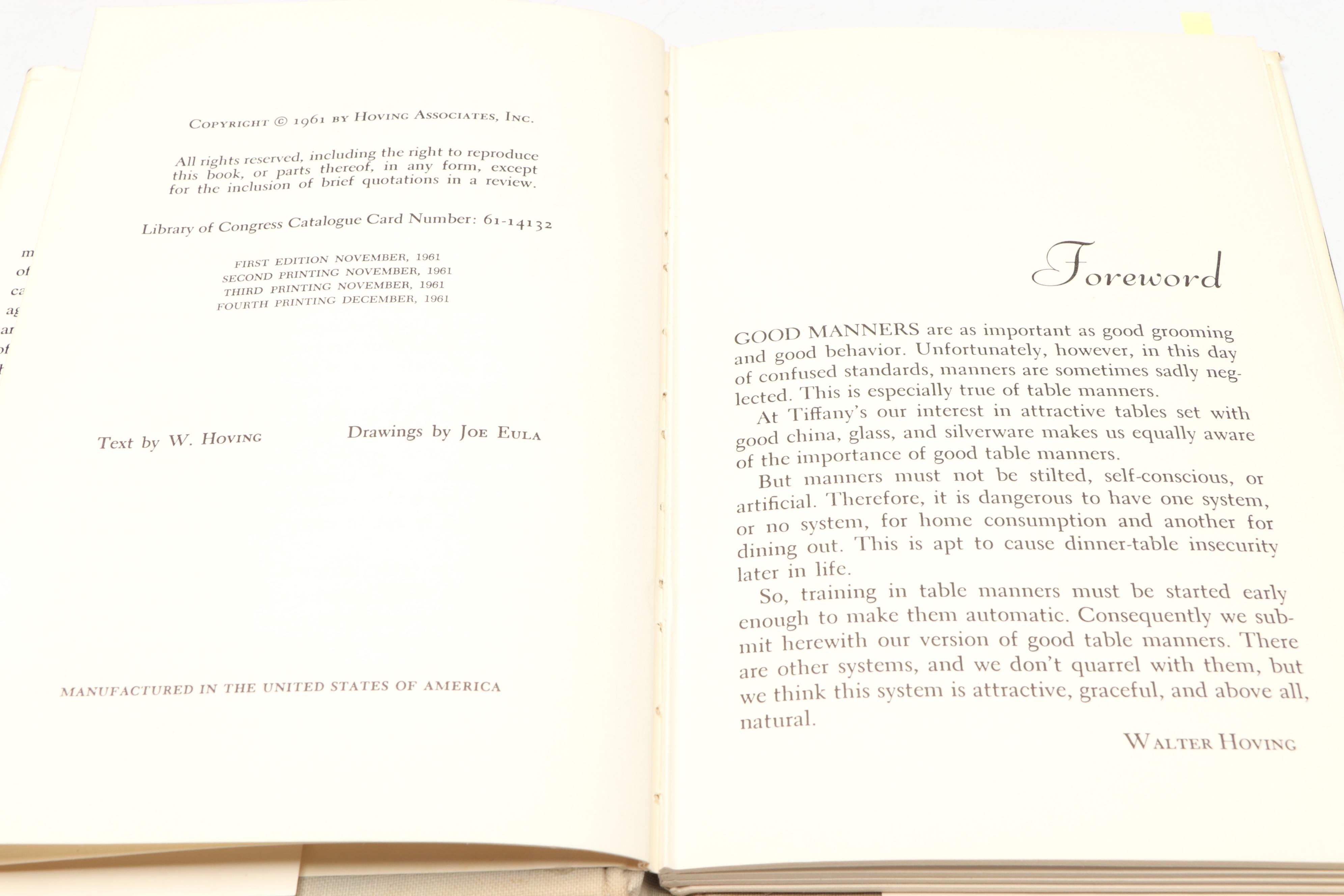 Fourth Printing "Tiffany's Table Manners for Teenagers" by Walter Hoving, 1961