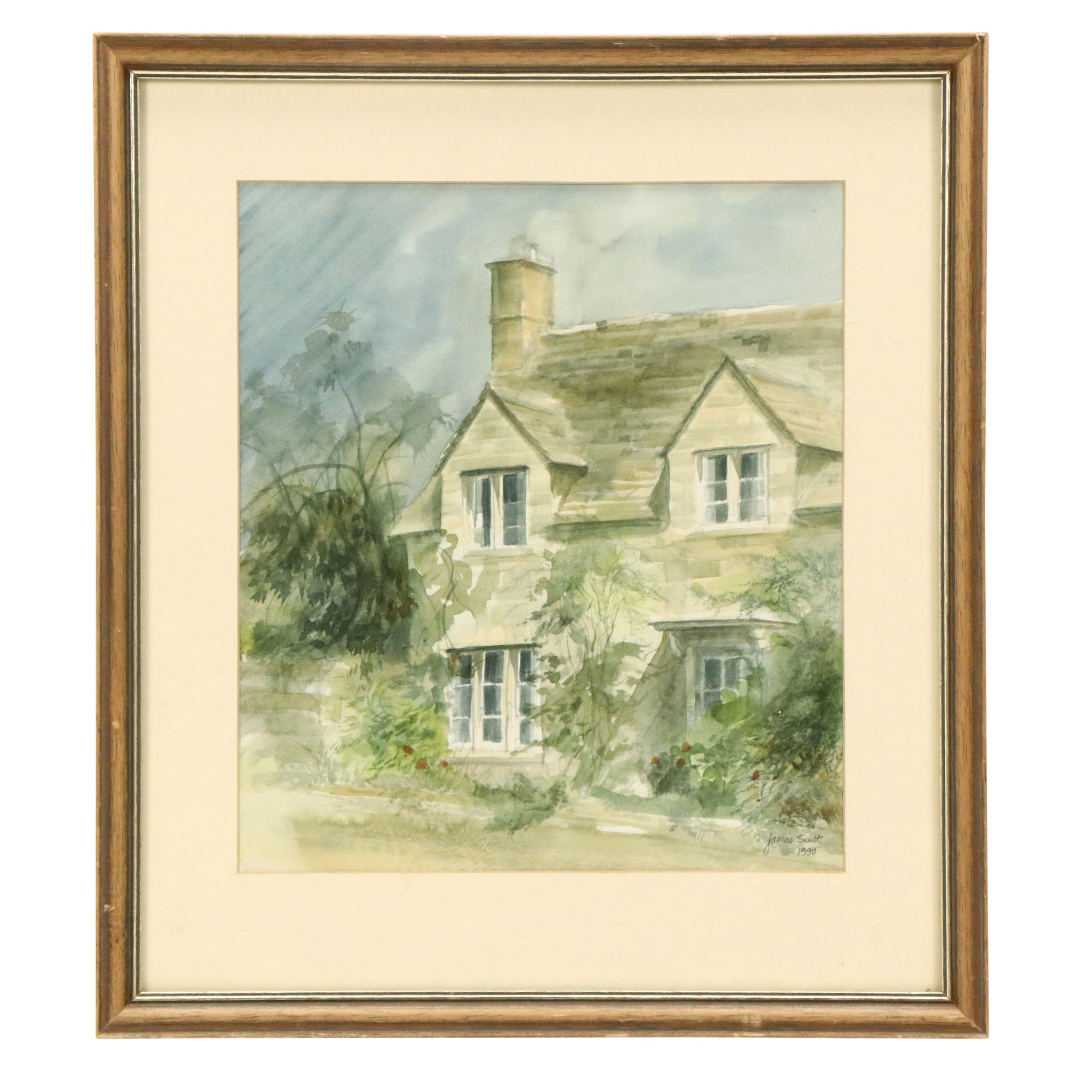 James G. Scutt Watercolor Painting "Cotswold Cottage," 1990
