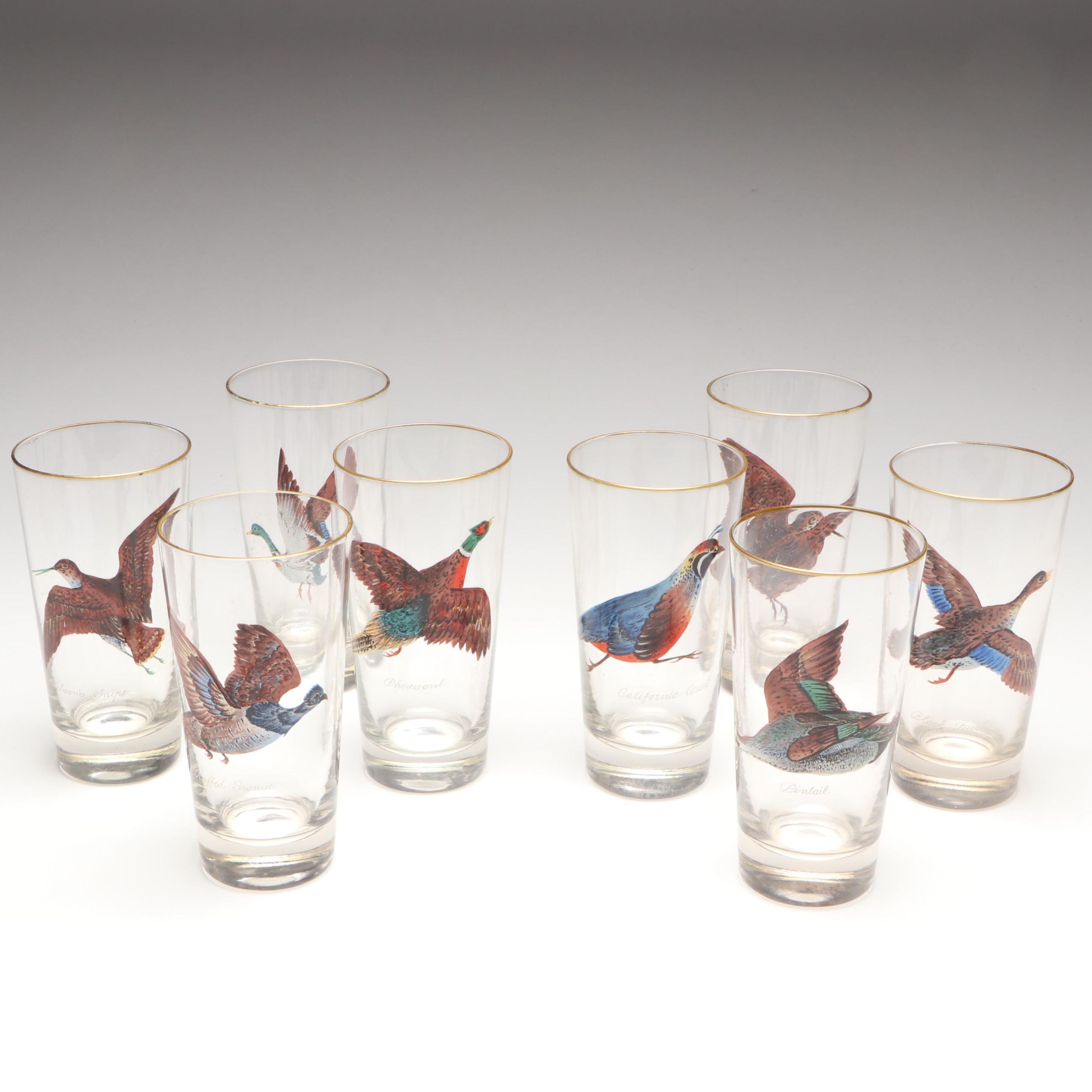 Game Bird Gilt Highball Glasses, Mid-20th Century
