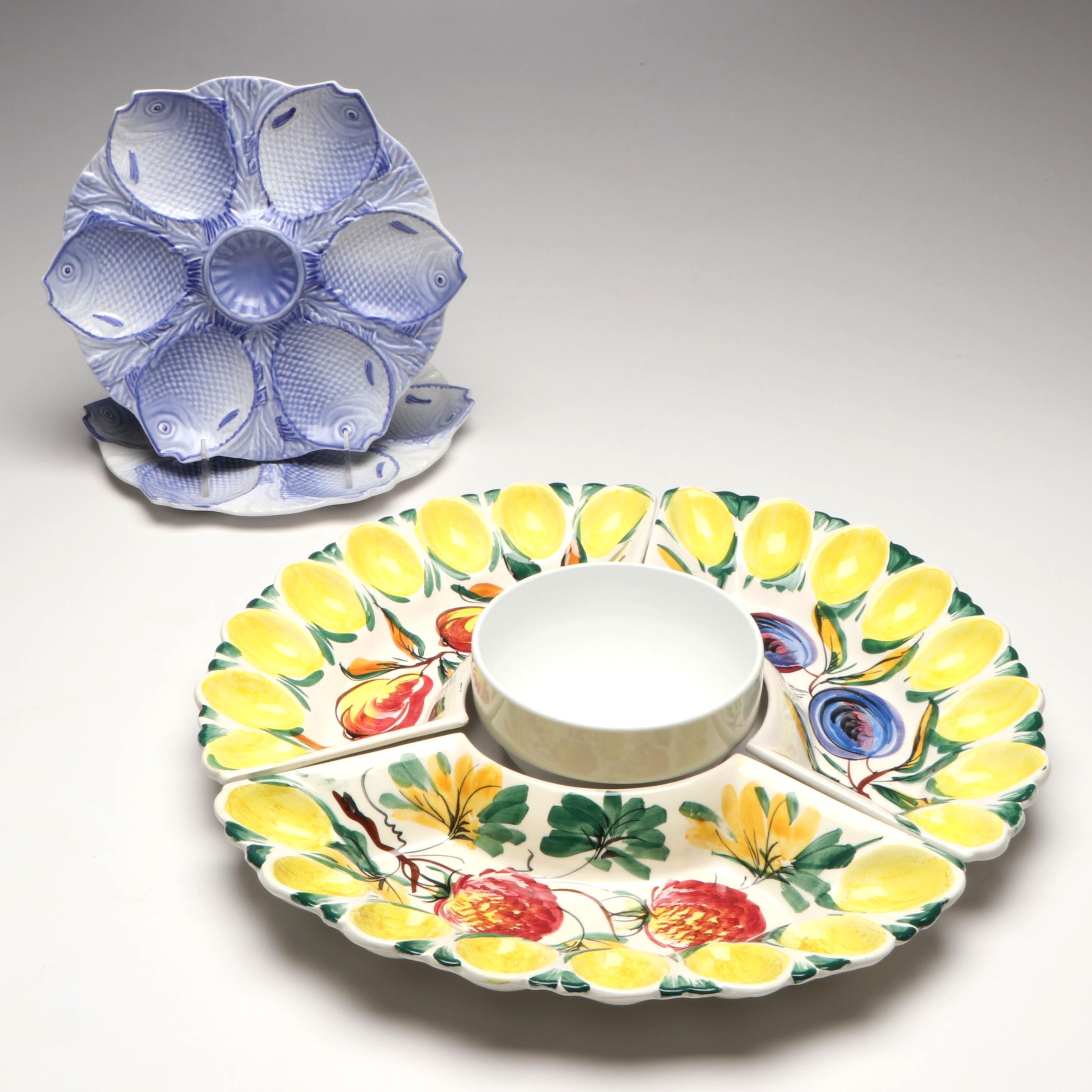 Majolica Oyster Plates with Hand-Painted Ceramic Deviled Egg Dishes