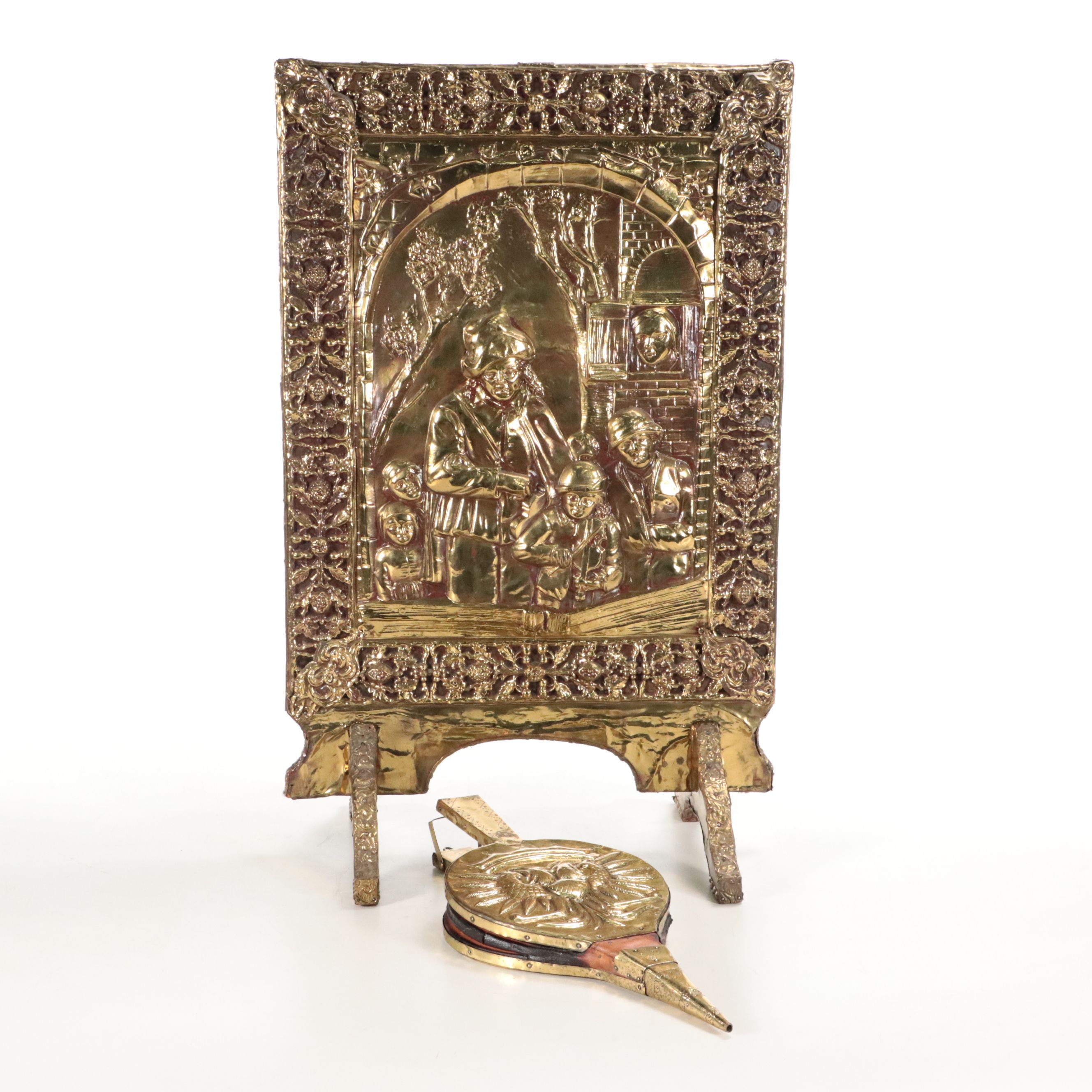 Continental Brass Repoussé Fireplace Screen with Heraldic Eagle Bellows