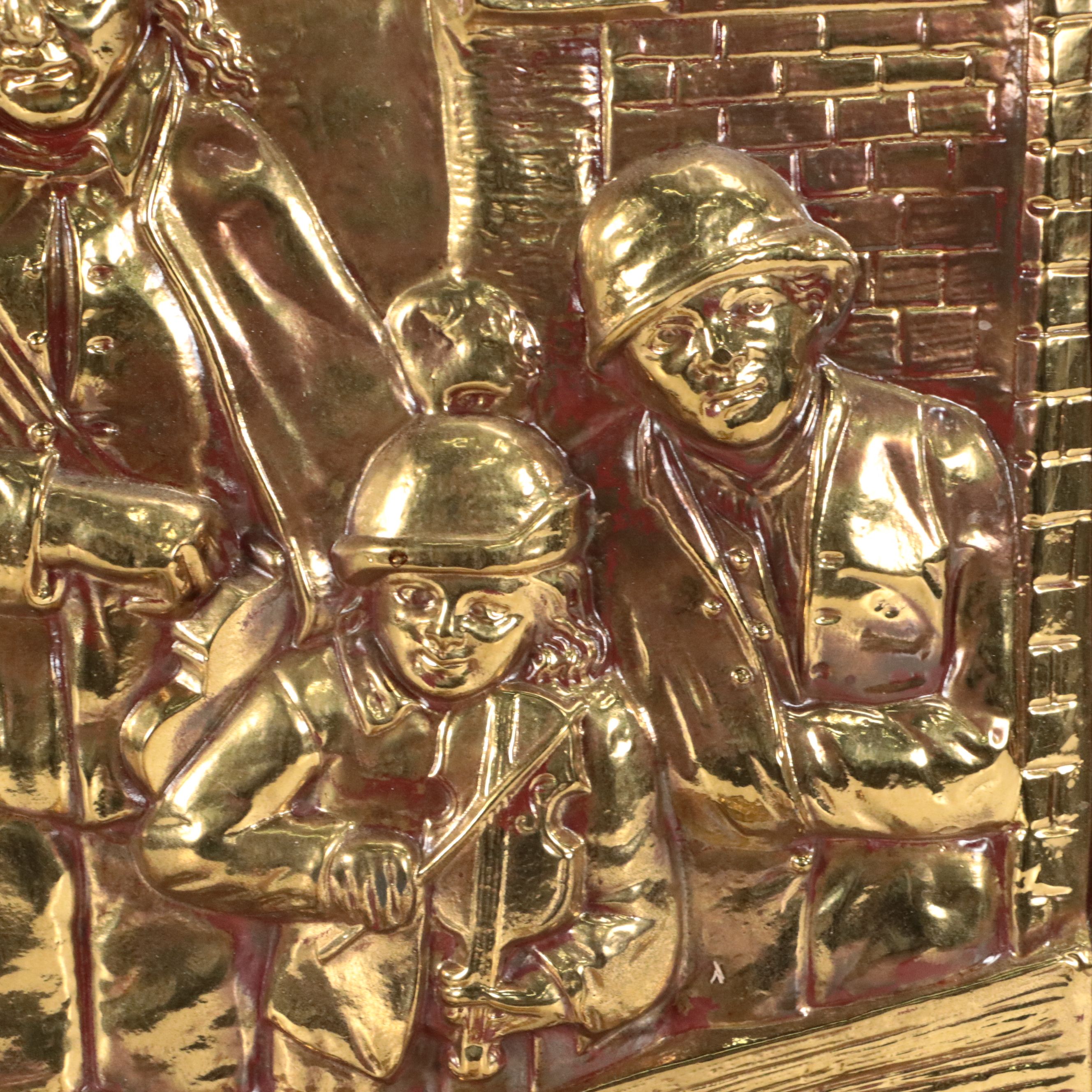 Continental Brass Repoussé Fireplace Screen with Heraldic Eagle Bellows