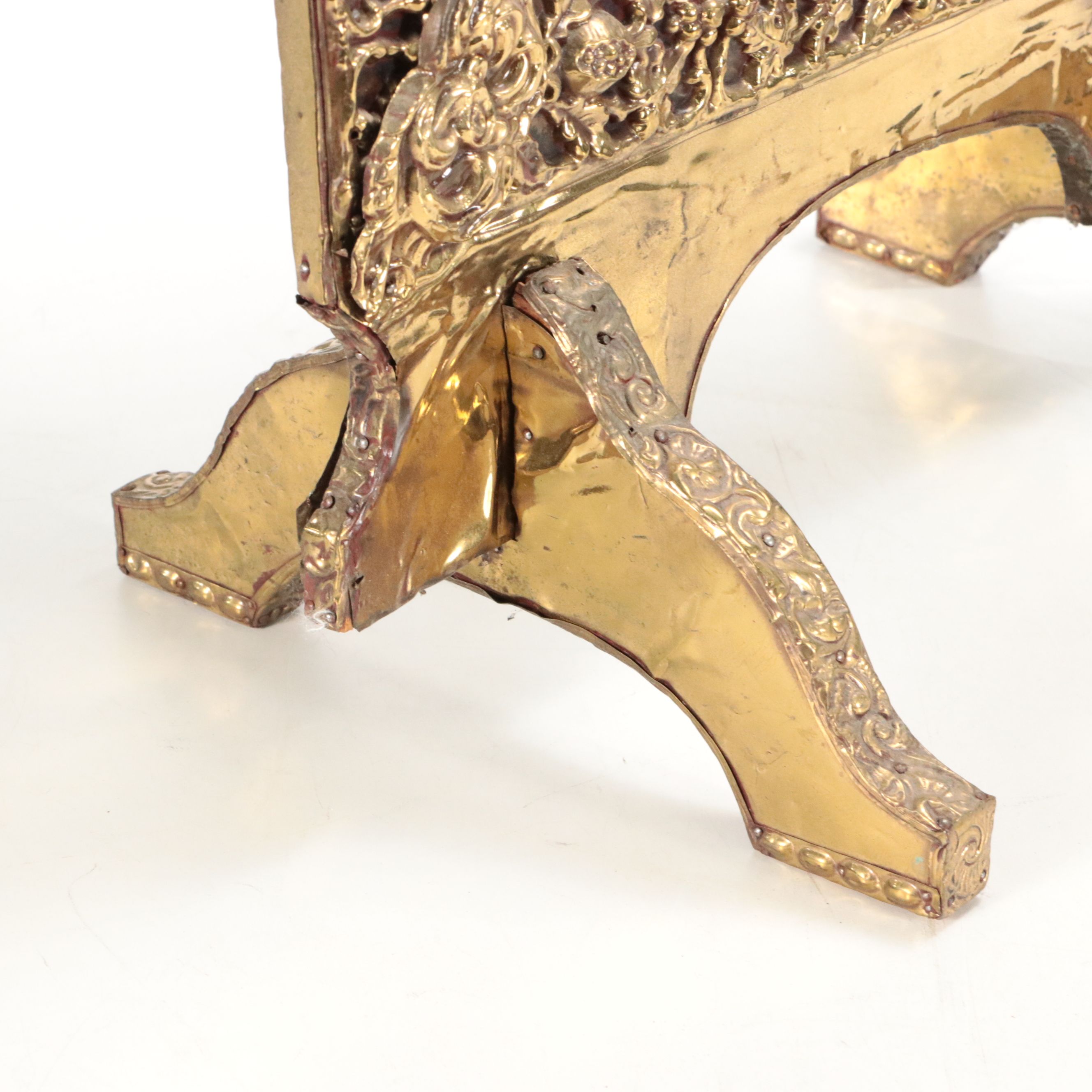 Continental Brass Repoussé Fireplace Screen with Heraldic Eagle Bellows