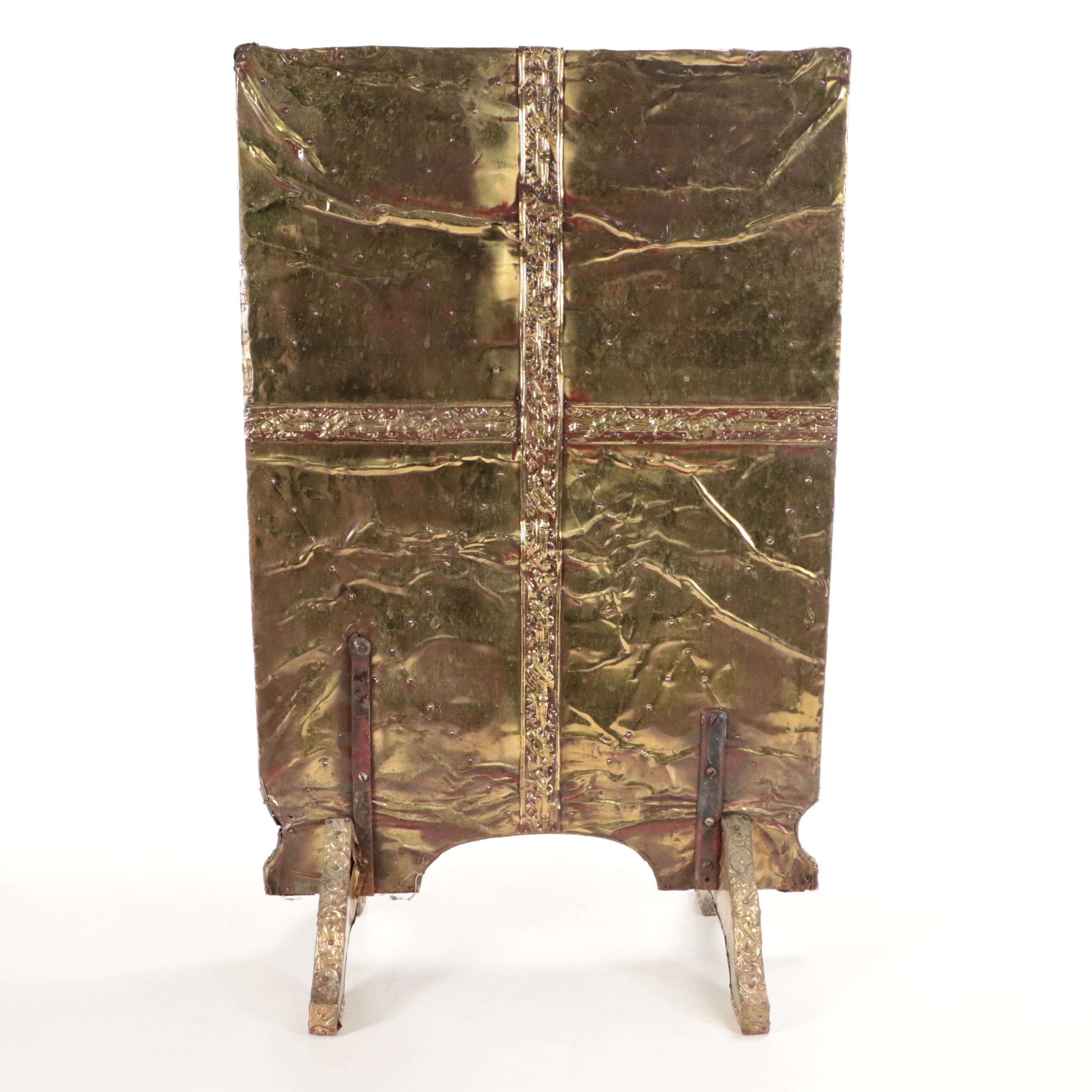 Continental Brass Repoussé Fireplace Screen with Heraldic Eagle Bellows