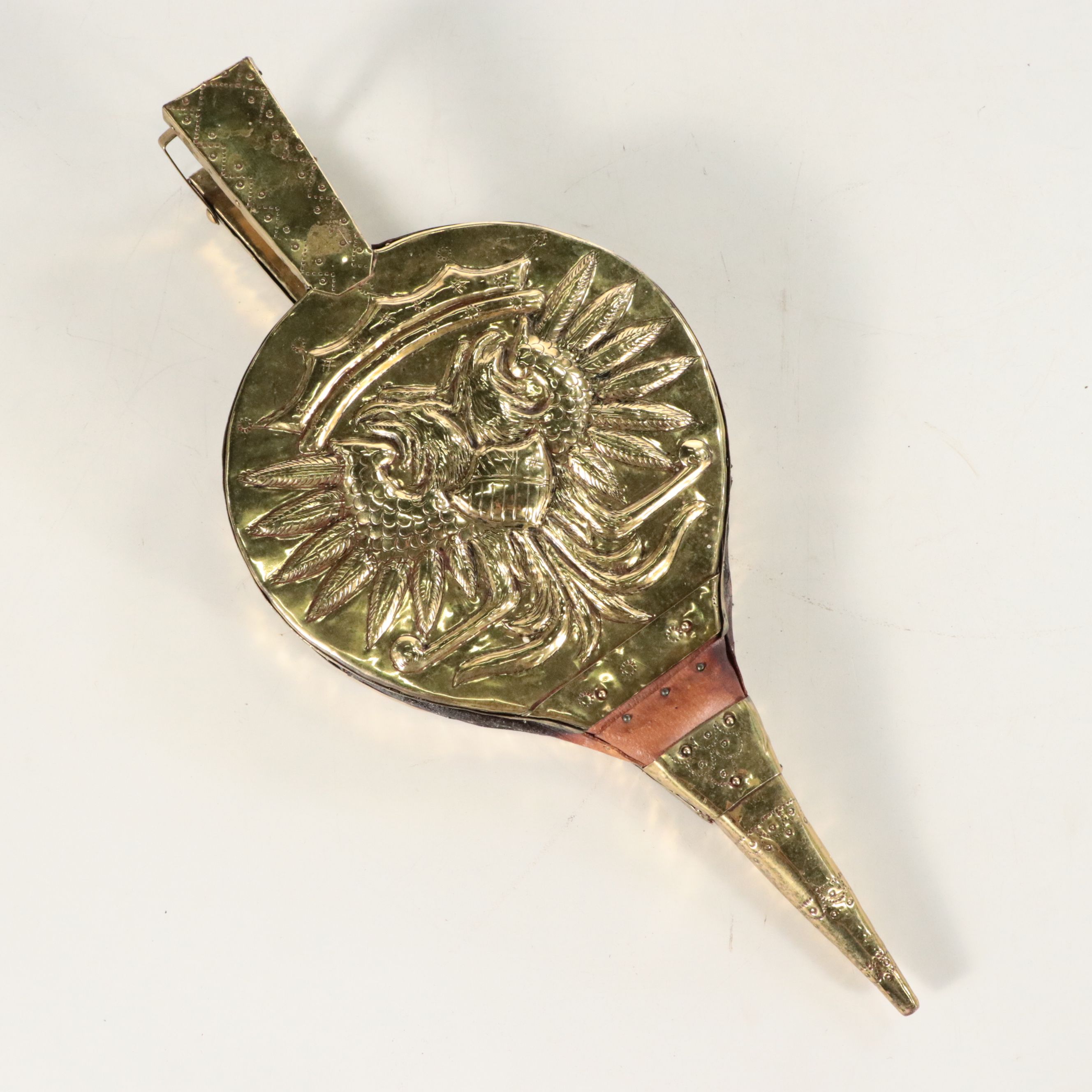 Continental Brass Repoussé Fireplace Screen with Heraldic Eagle Bellows