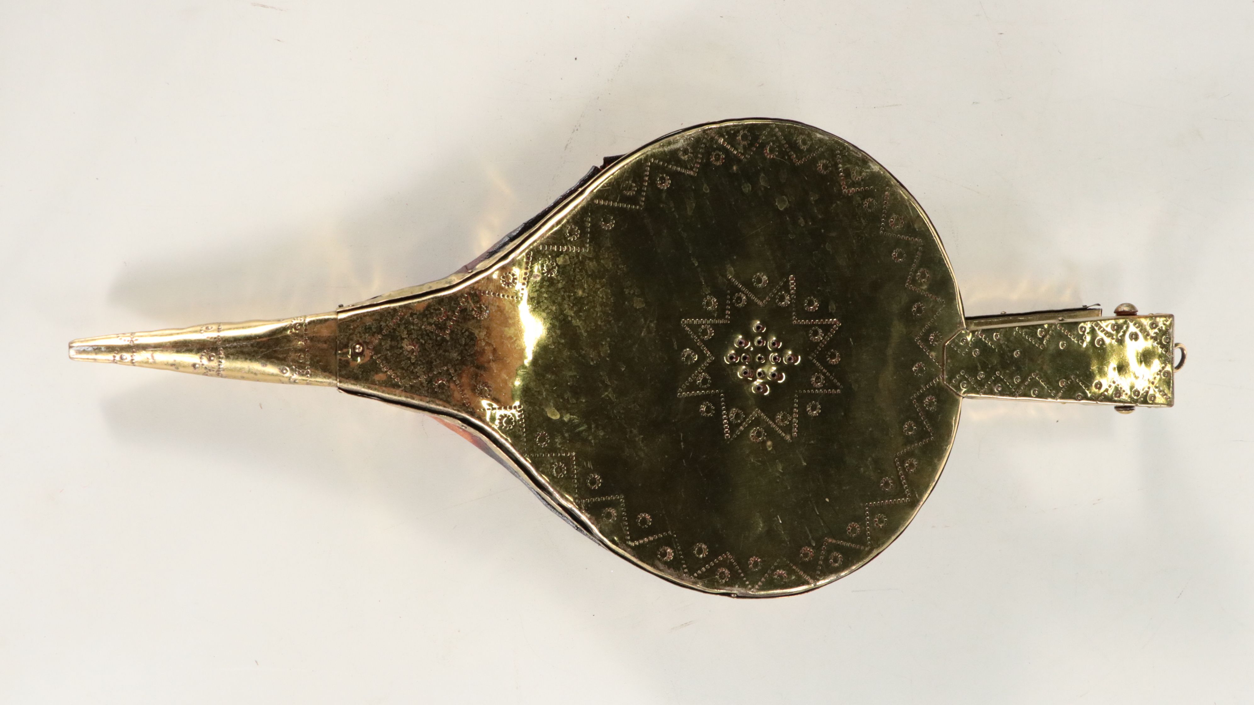 Continental Brass Repoussé Fireplace Screen with Heraldic Eagle Bellows