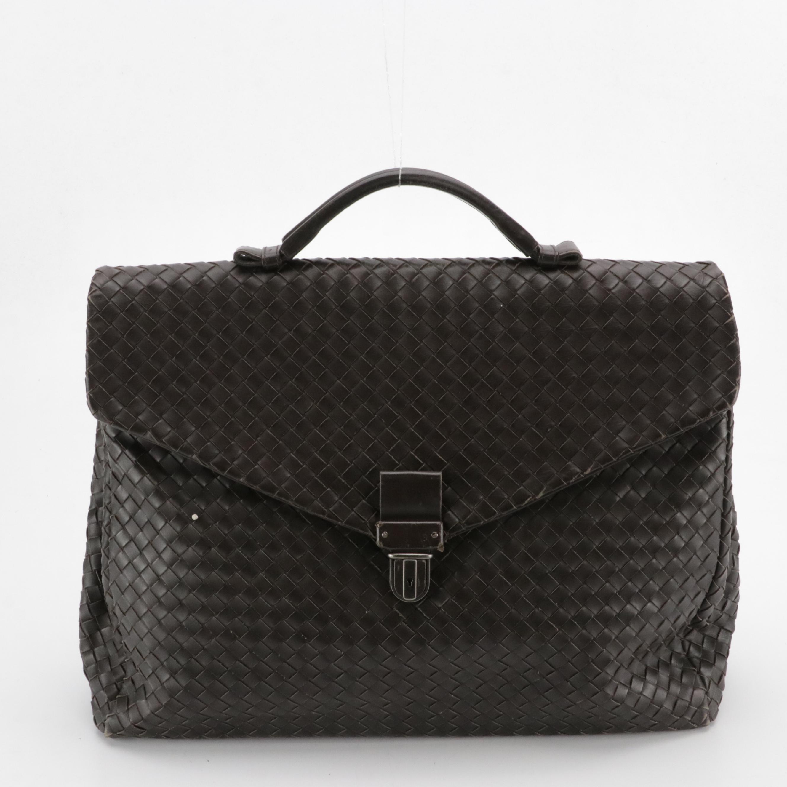 Bottega Veneta Business Briefcase Bag in Dark Brown Intrecciato Leather