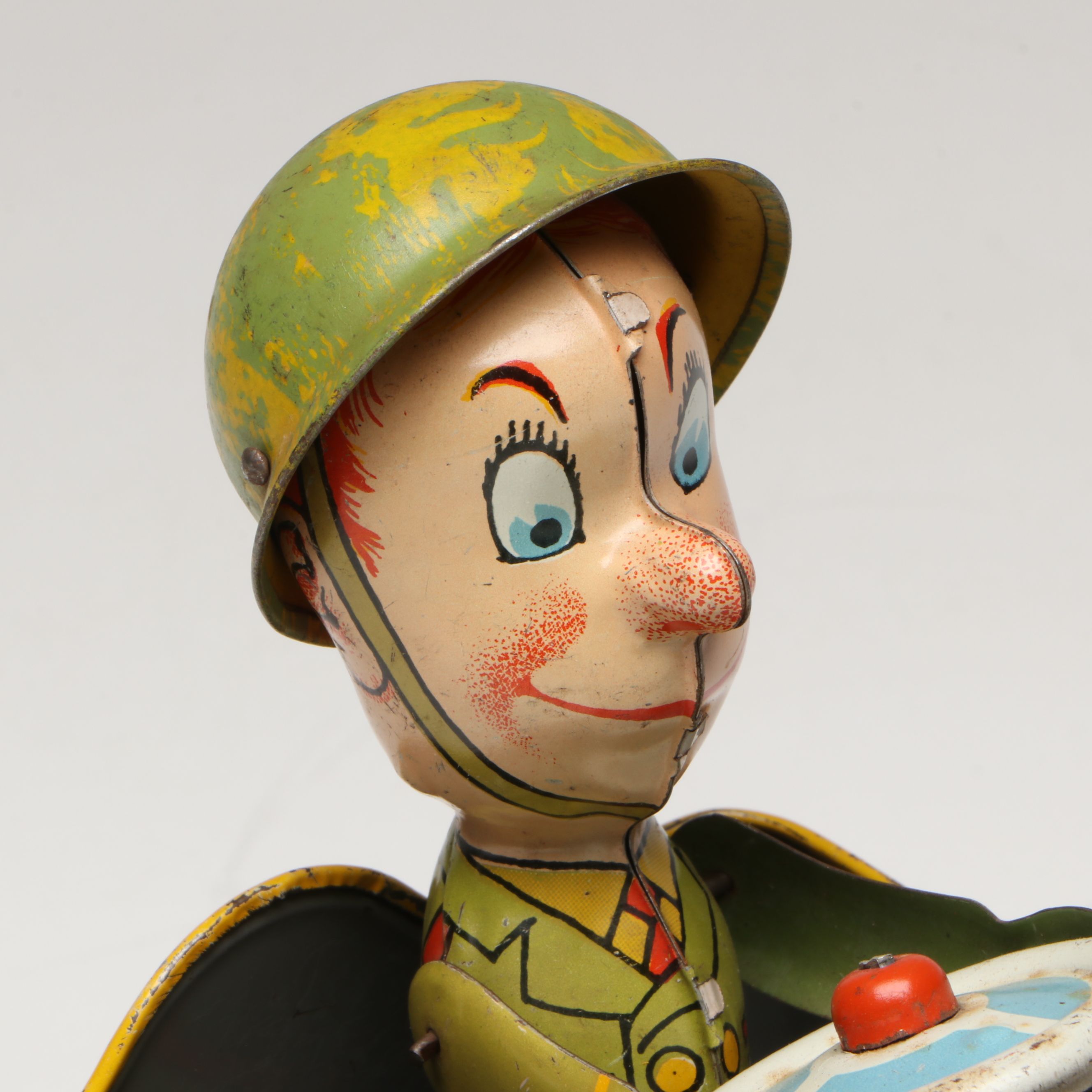 Unique Art "G.I. Joe and His Jouncing Jeep" Tin Lithograph Wind-Up Toy, 1940s