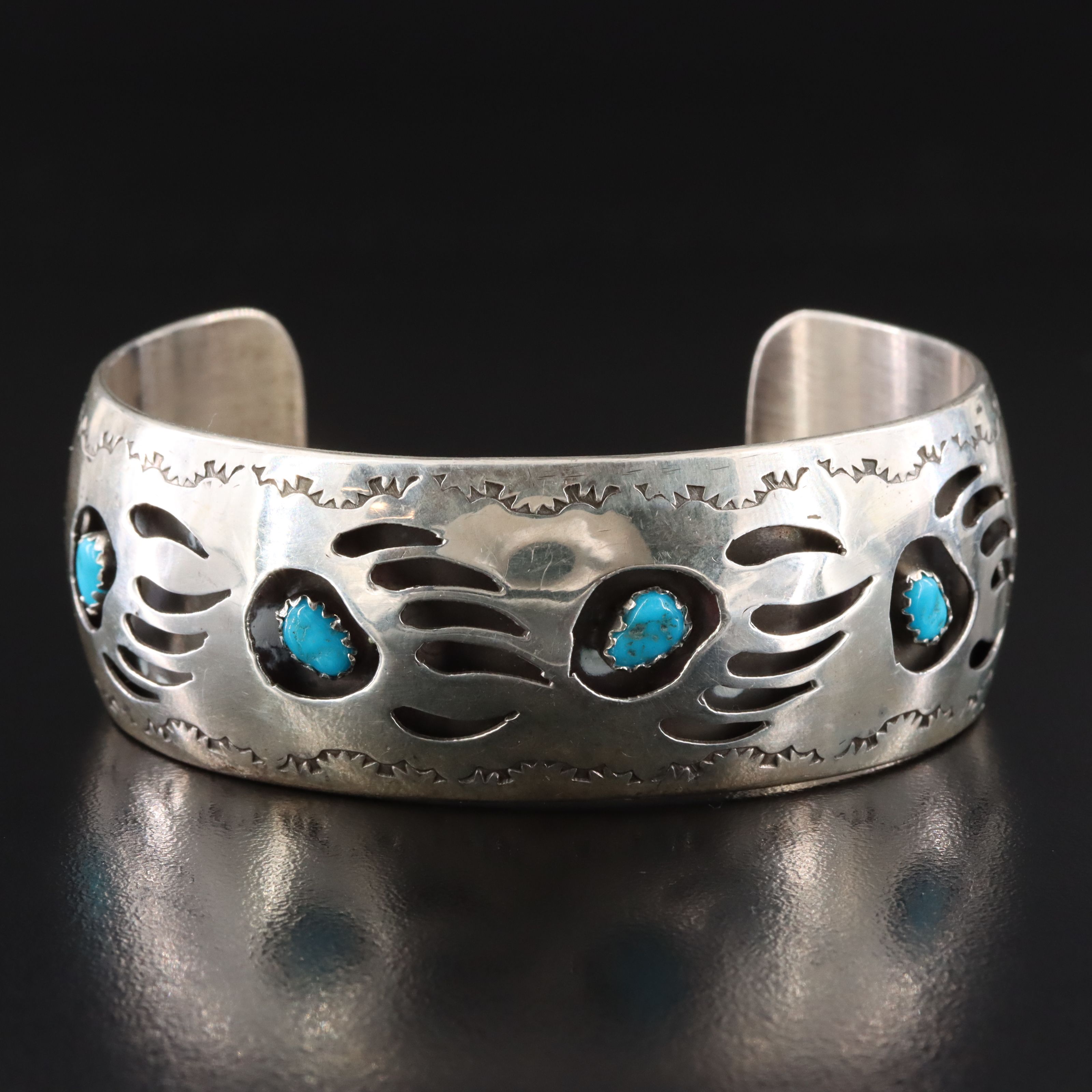 Pearlene Spencer Navajo Diné Sterling Turquoise Bear Paw Overlay Cuff