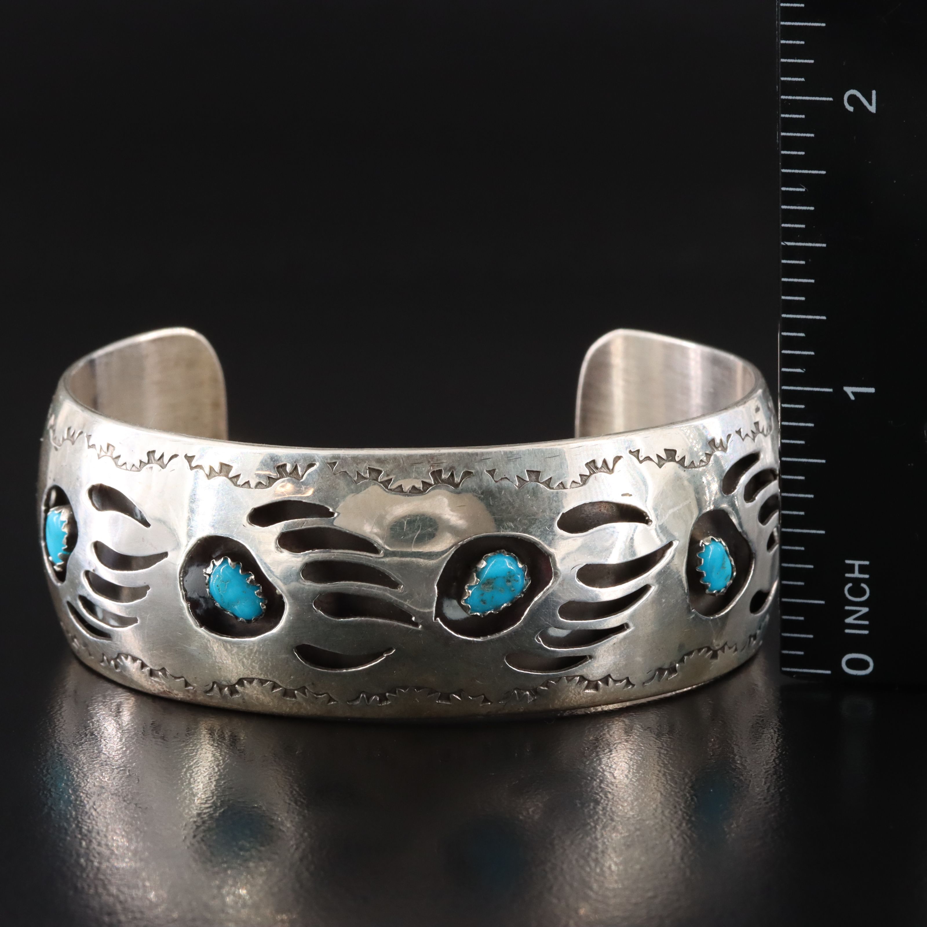 Pearlene Spencer Navajo Diné Sterling Turquoise Bear Paw Overlay Cuff