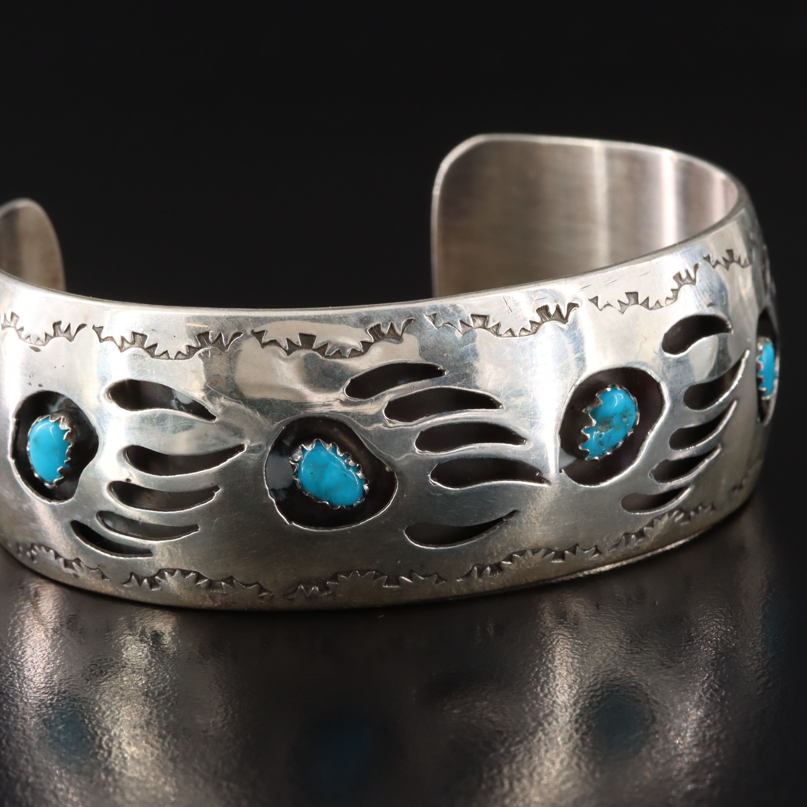 Pearlene Spencer Navajo Diné Sterling Turquoise Bear Paw Overlay Cuff