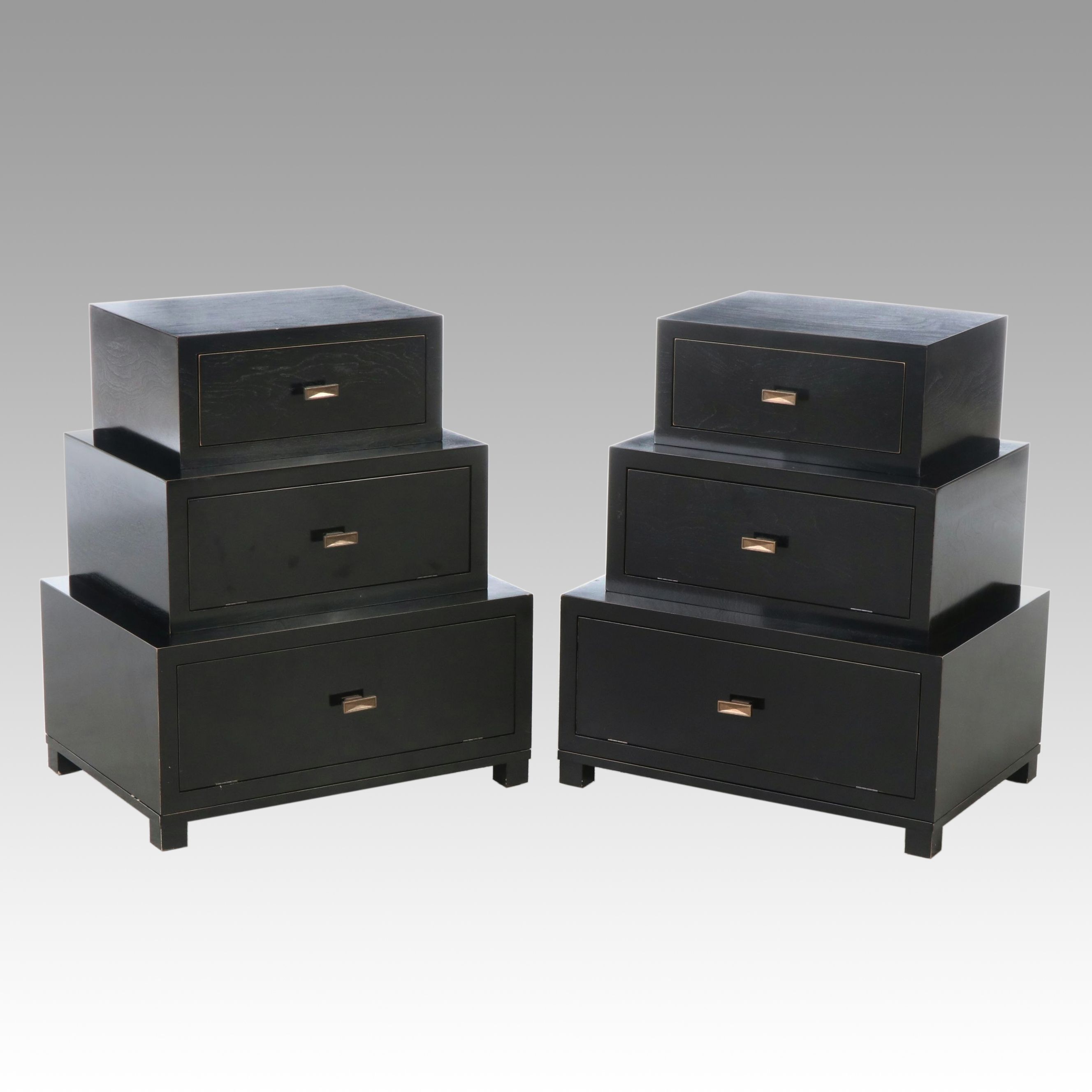 Pair of Black Lacquered Wood Stacked-Trunk Bedside Chests, 2008