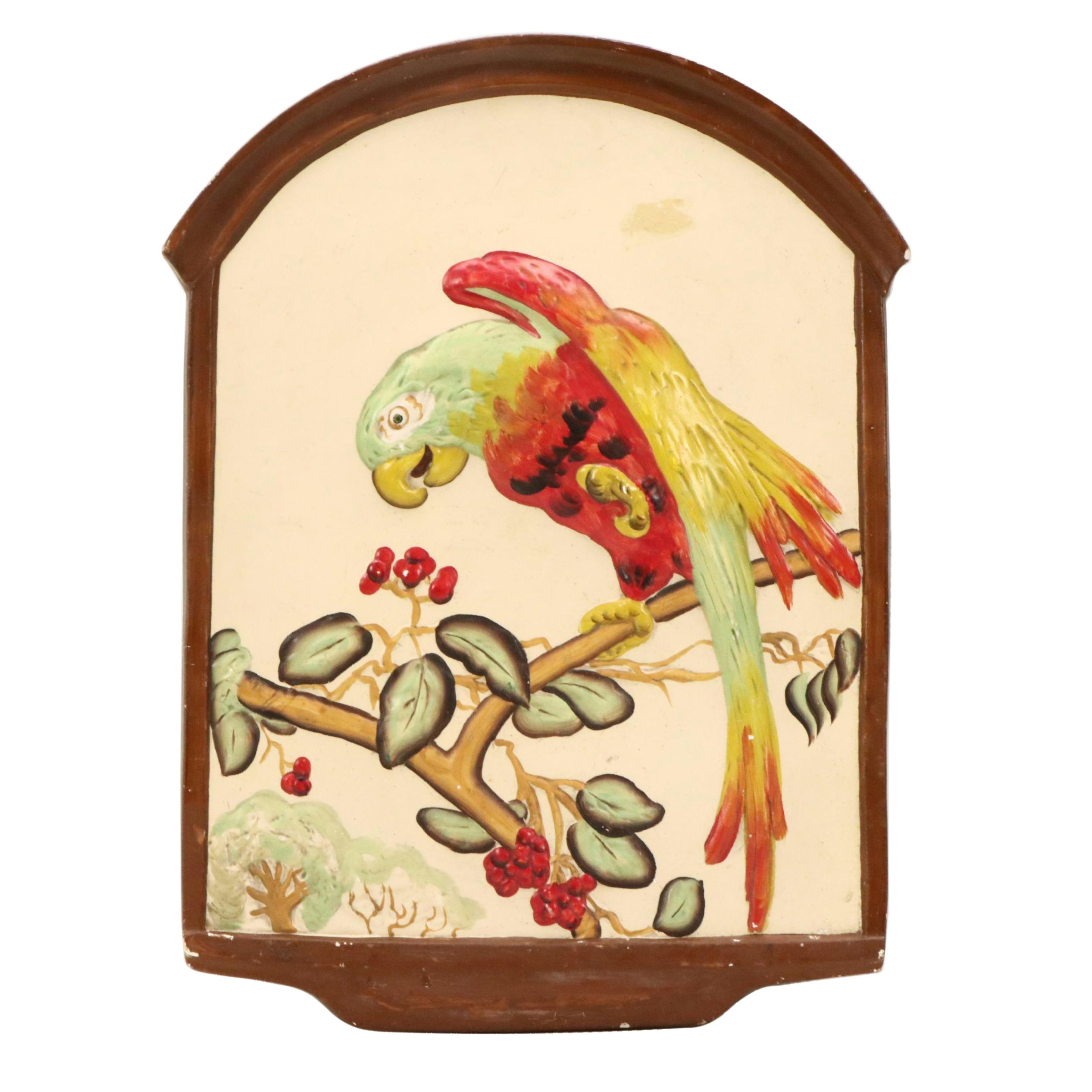 Cast Plaster Plaque of Parrot Eating Treetop Berries