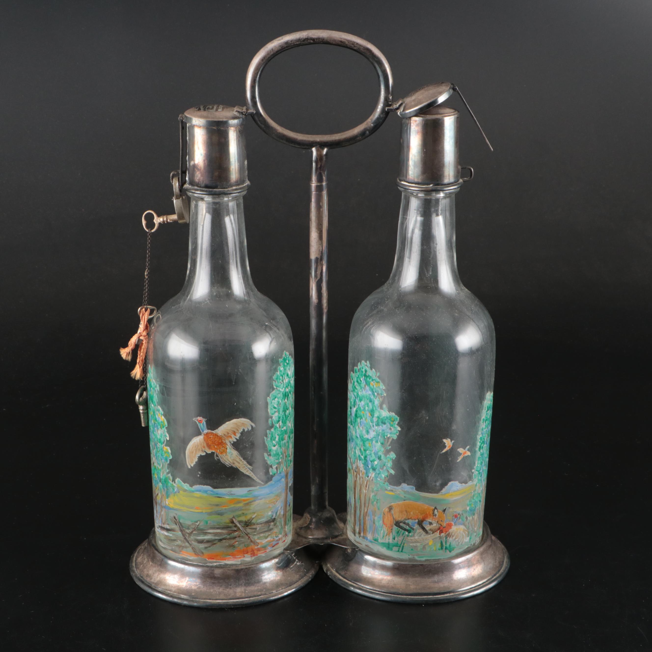 Pair of Hobbyist Hand-Painted Bottles with Locking Metal Caddy, 1940