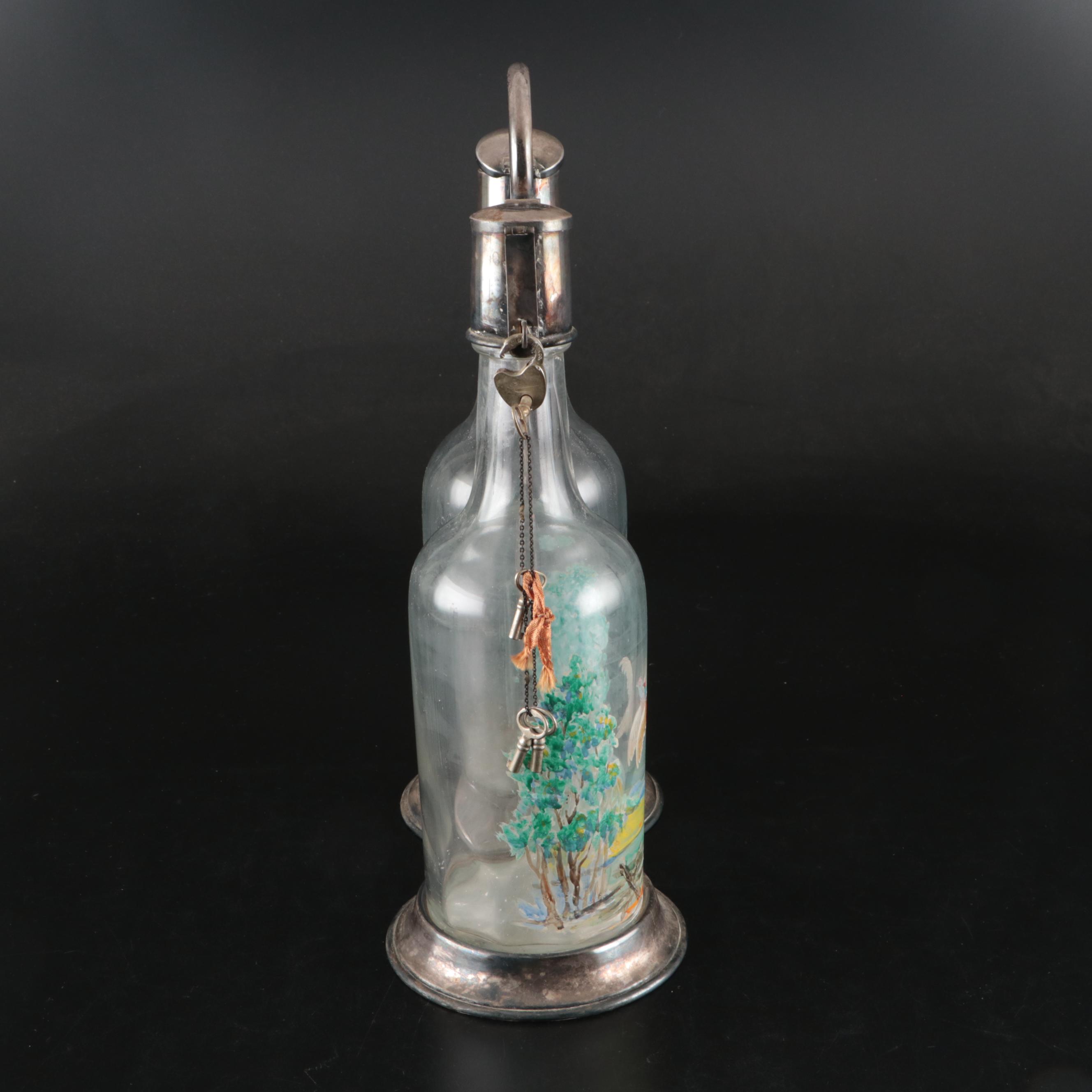 Pair of Hobbyist Hand-Painted Bottles with Locking Metal Caddy, 1940