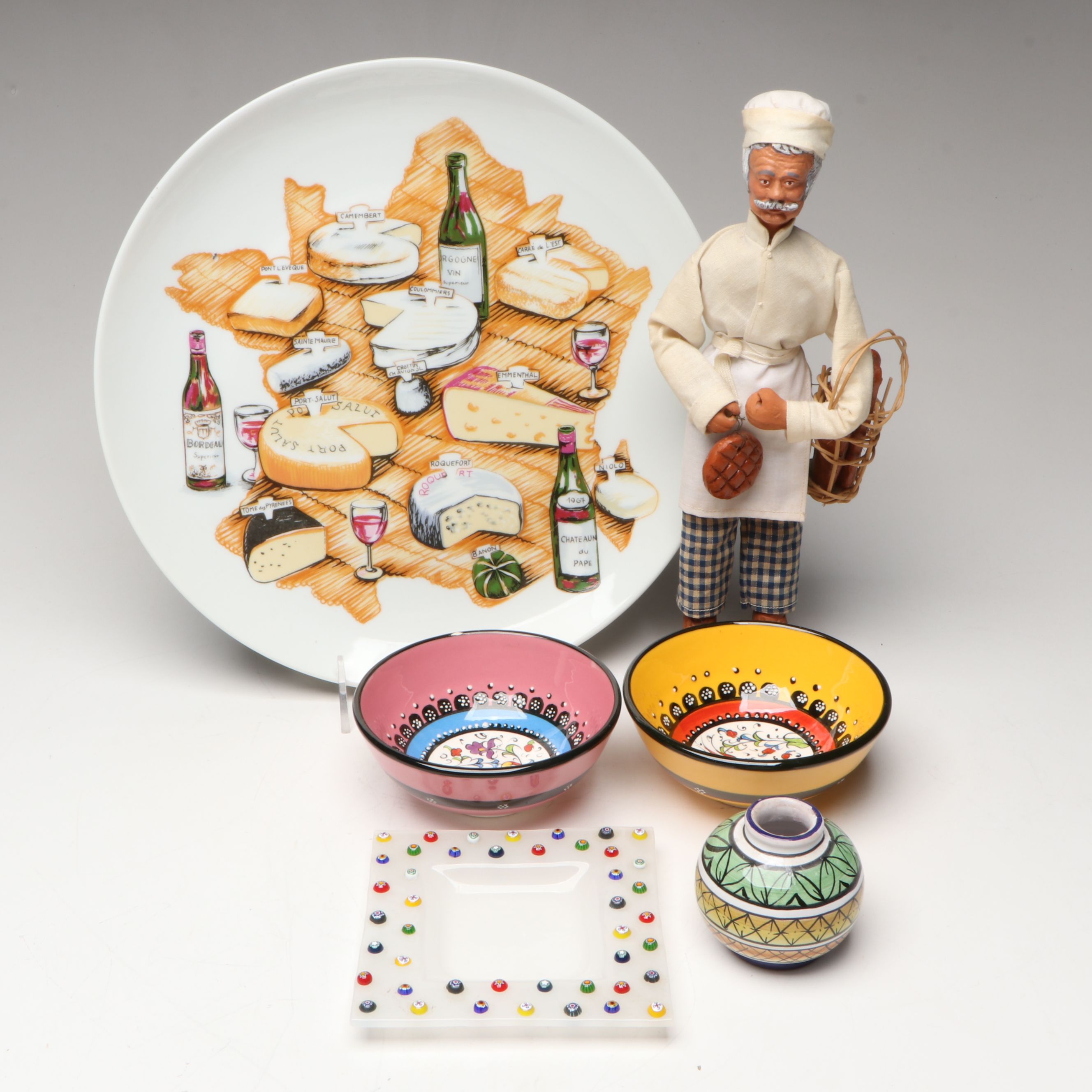 Nimet Turkish Hand-Painted Ceramic Bowls with Vase, Plate and Figurine