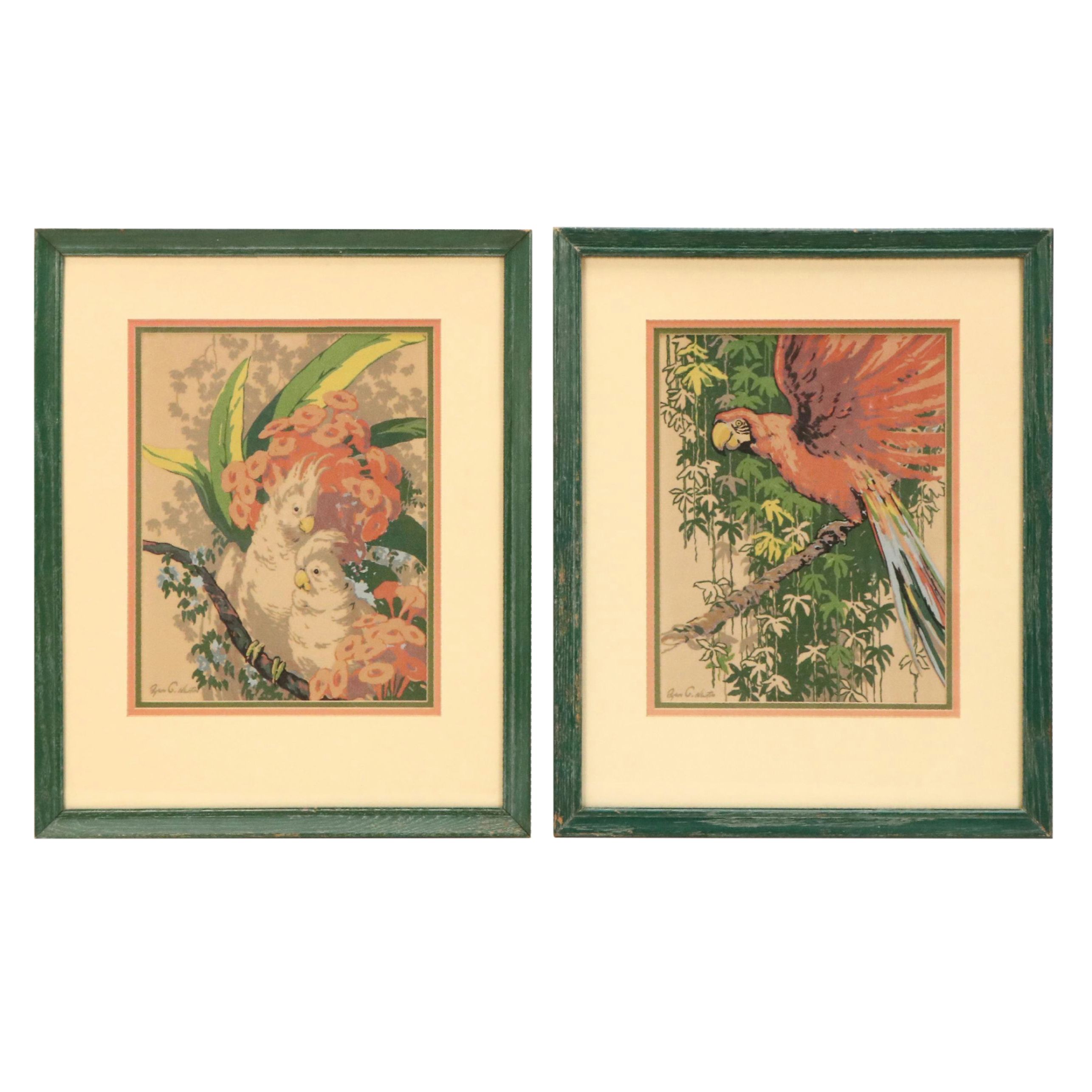 After Byron Glee Newton Serigraphs "Cockatoos" and "Parrot," Mid-20th Century