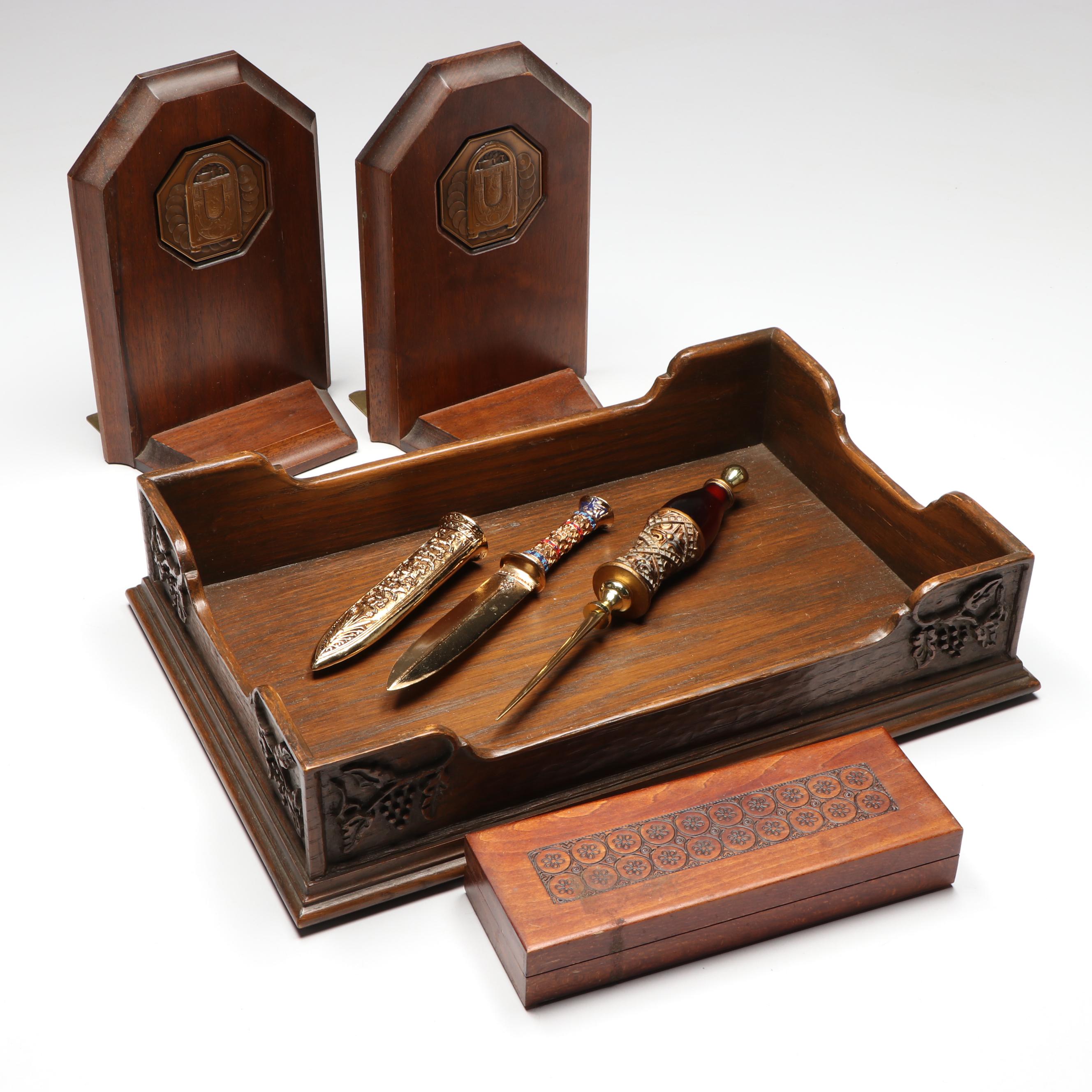 Carved Wood Desk Tray, Wooden Bookends, and More Office Accessories