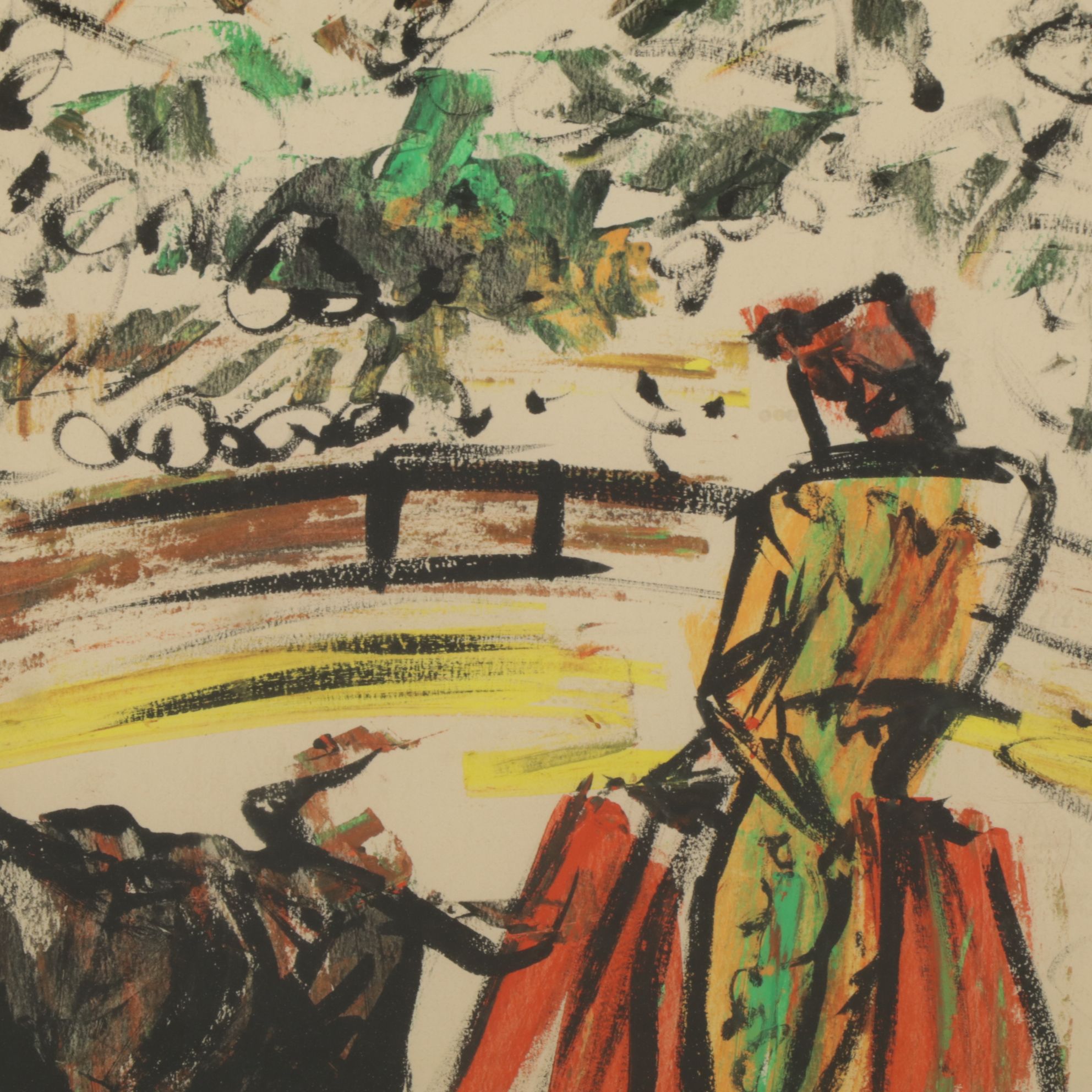 Fernando Correia Acrylic Painting Scene of Bullfighter & Bull, Late 20th Century