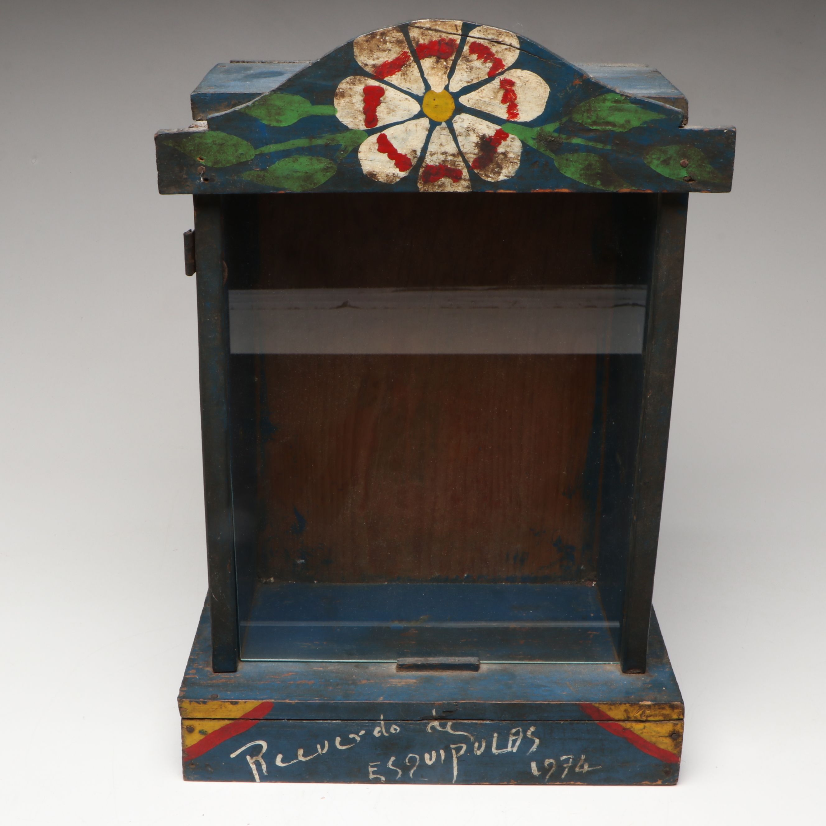 Two Latin American Folk Art Santos with Glass-Fronted Shrine