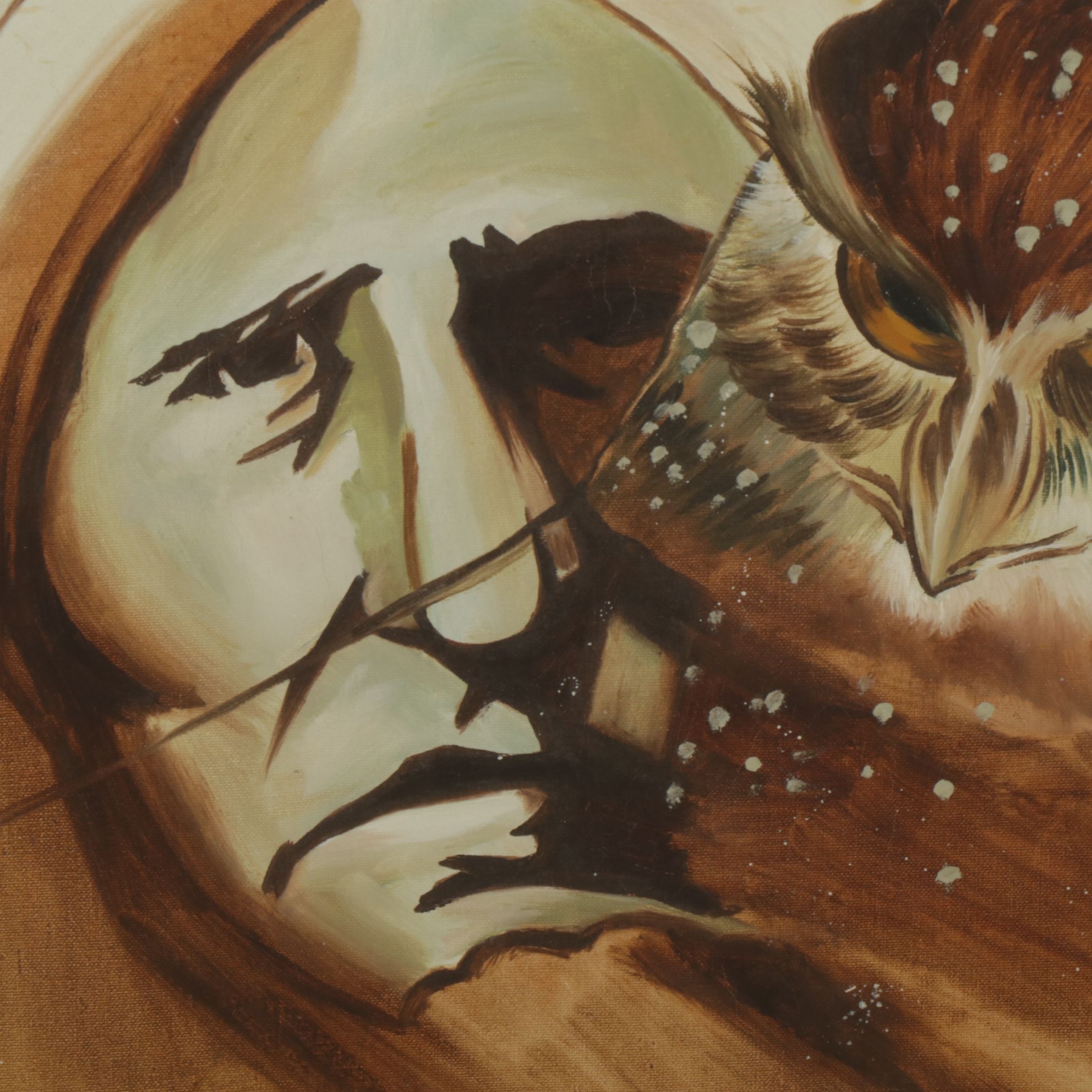 Faber Native American Tribal Portrait of Figure & Owl, Mid to Late 20th Century