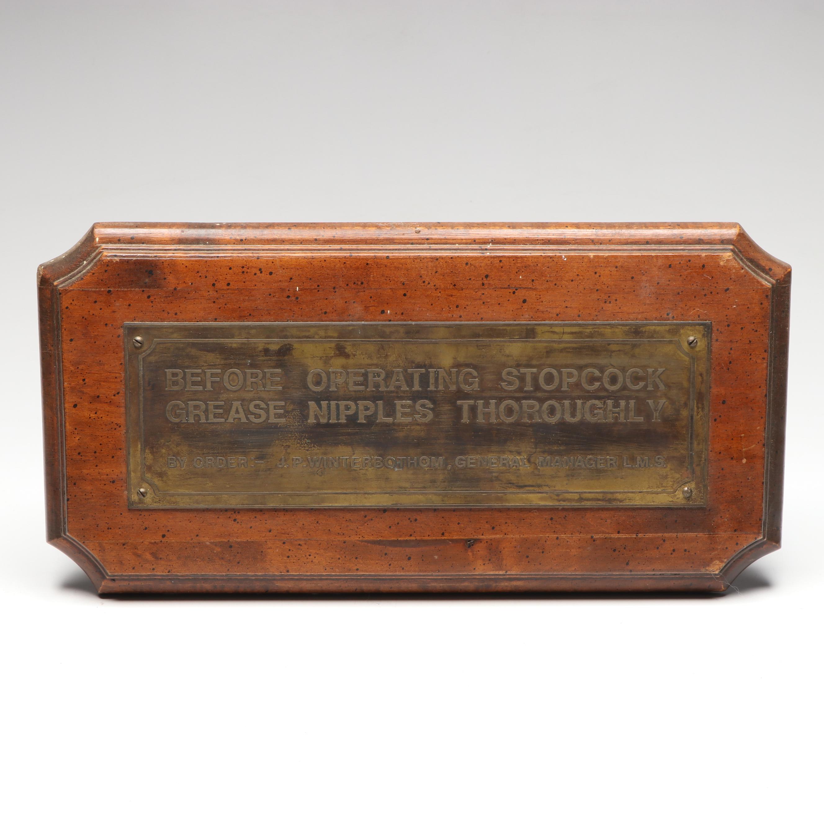 J.P. Winterbothom Stopcock Brass Plaque, Mid-20th Century