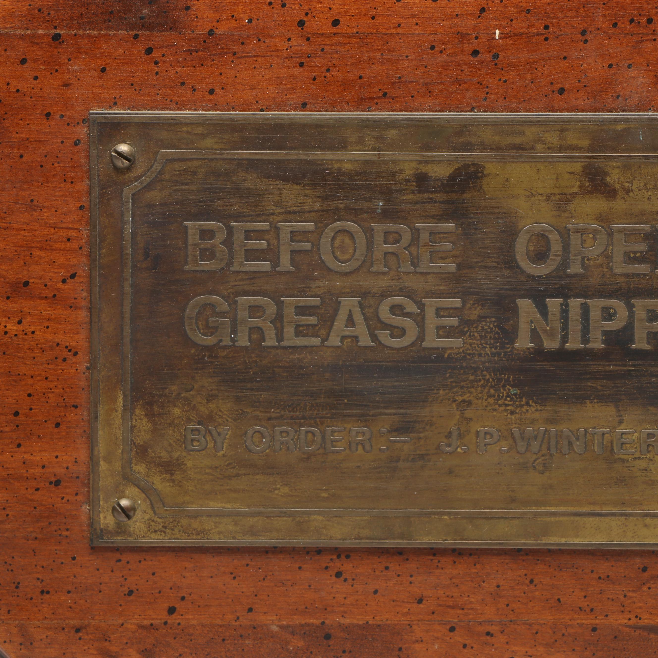 J.P. Winterbothom Stopcock Brass Plaque, Mid-20th Century