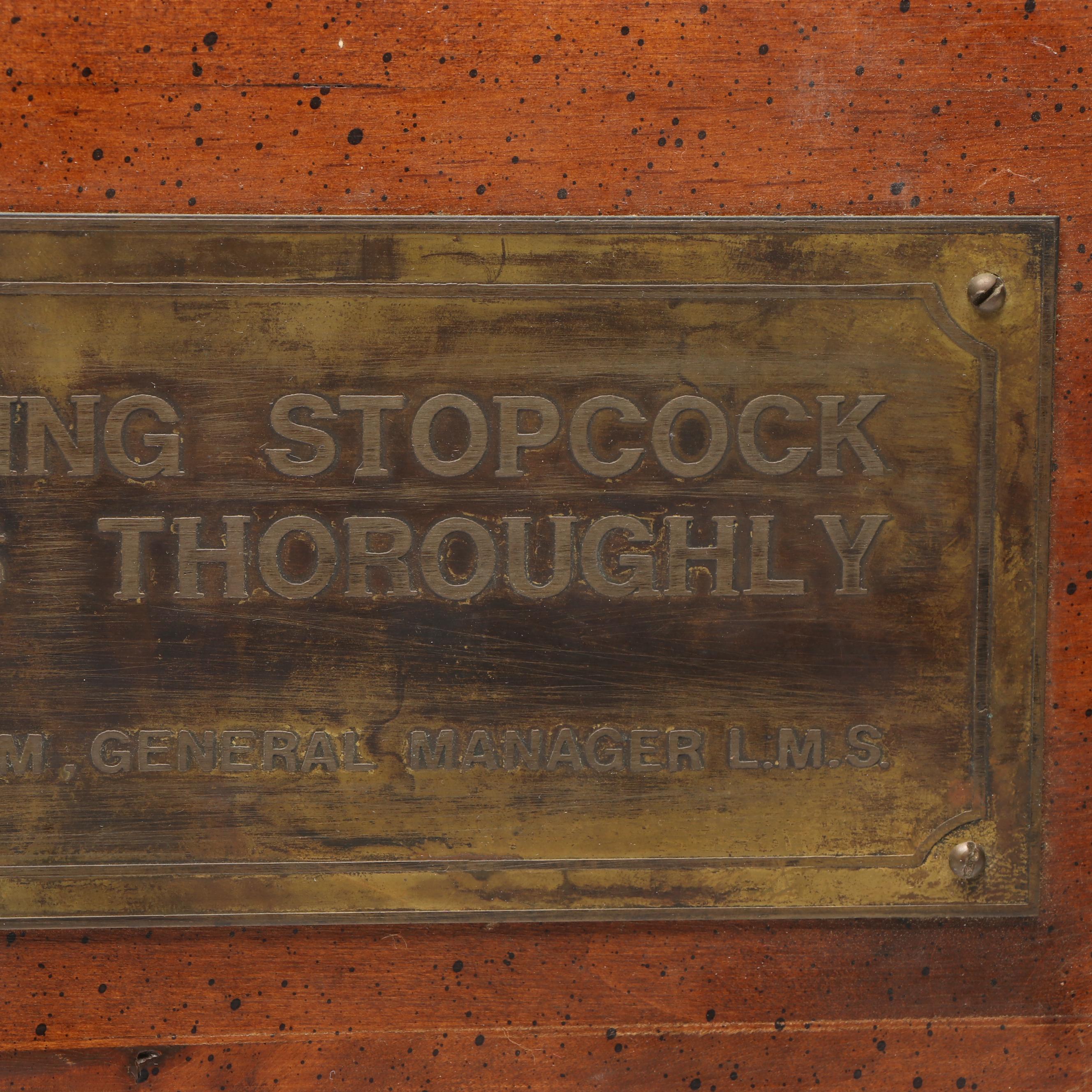 J.P. Winterbothom Stopcock Brass Plaque, Mid-20th Century