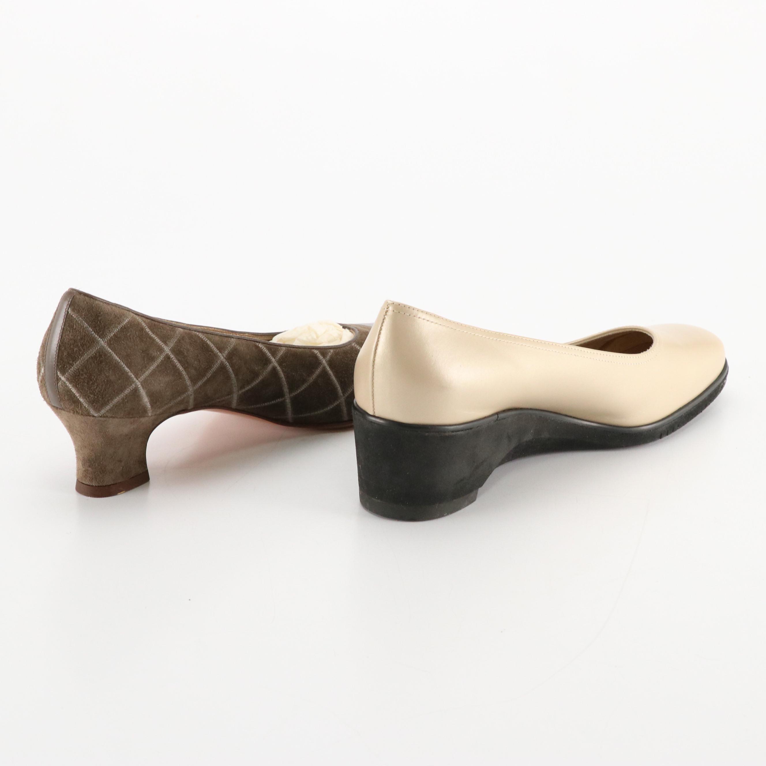 Salvatore Ferragamo Diamond Stitched Heels and Round Toe Wedges in Leather