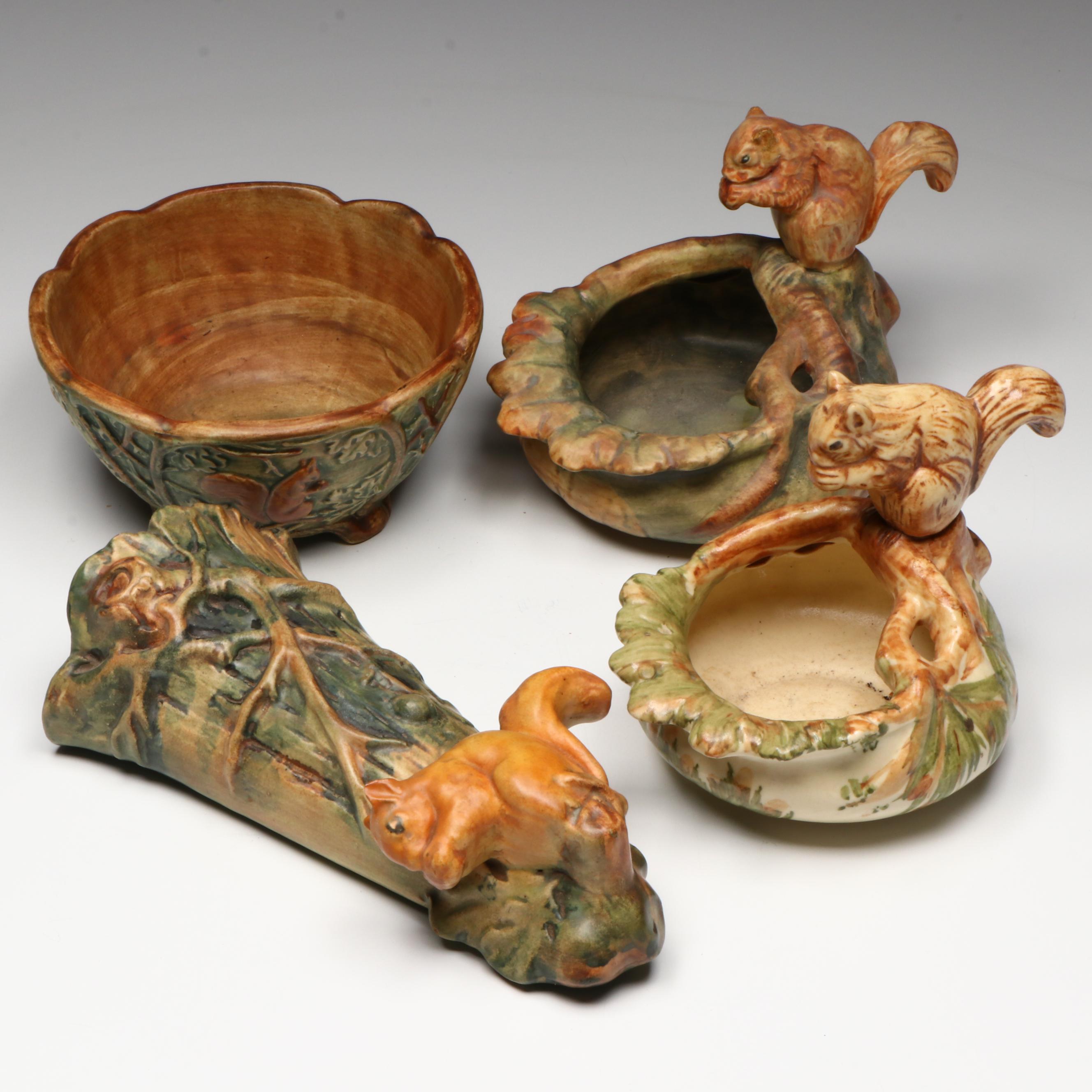 Weller Pottery "Woodcraft" Figural Squirrel Ceramic Wall Pocket and Bowls