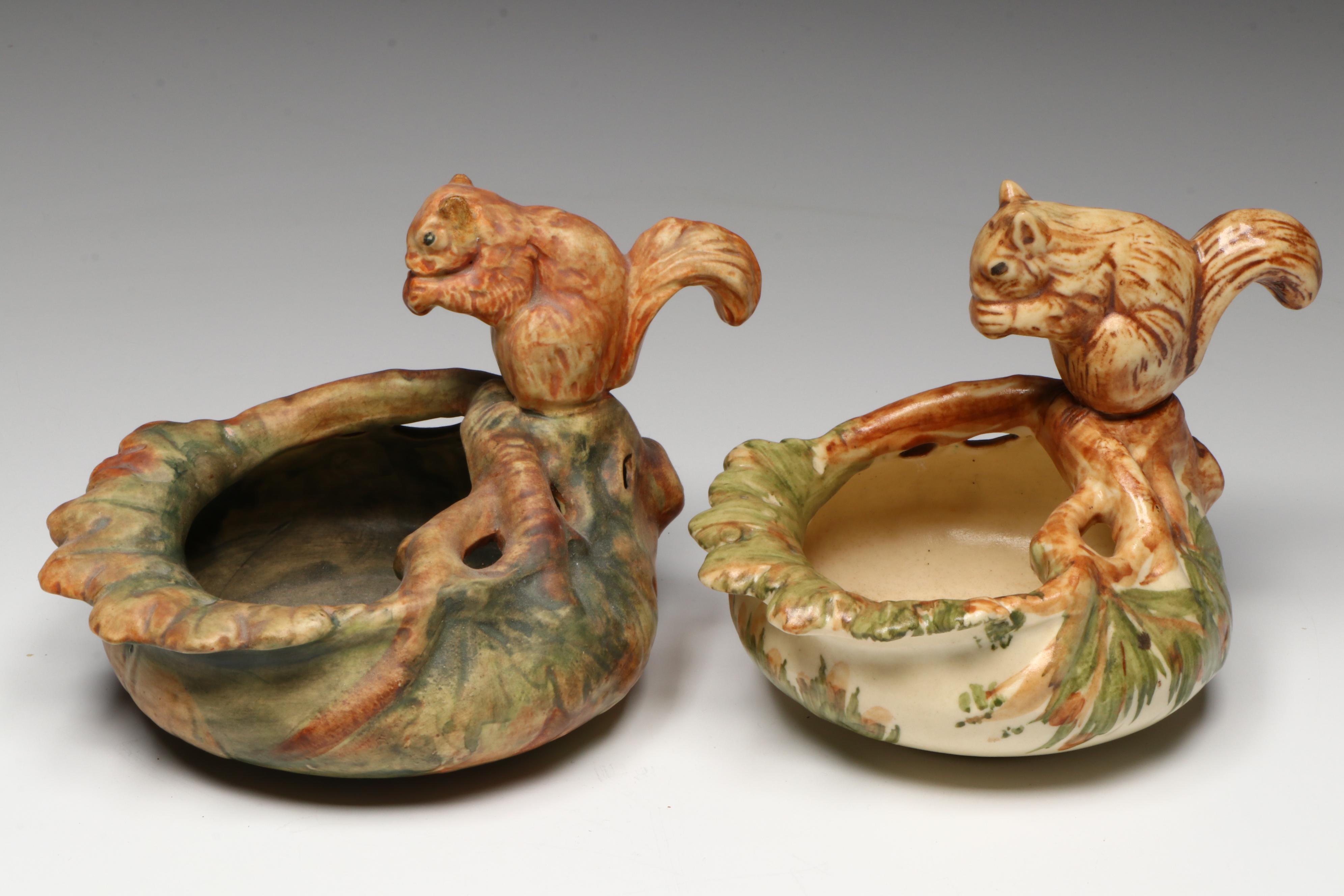 Weller Pottery "Woodcraft" Figural Squirrel Ceramic Wall Pocket and Bowls