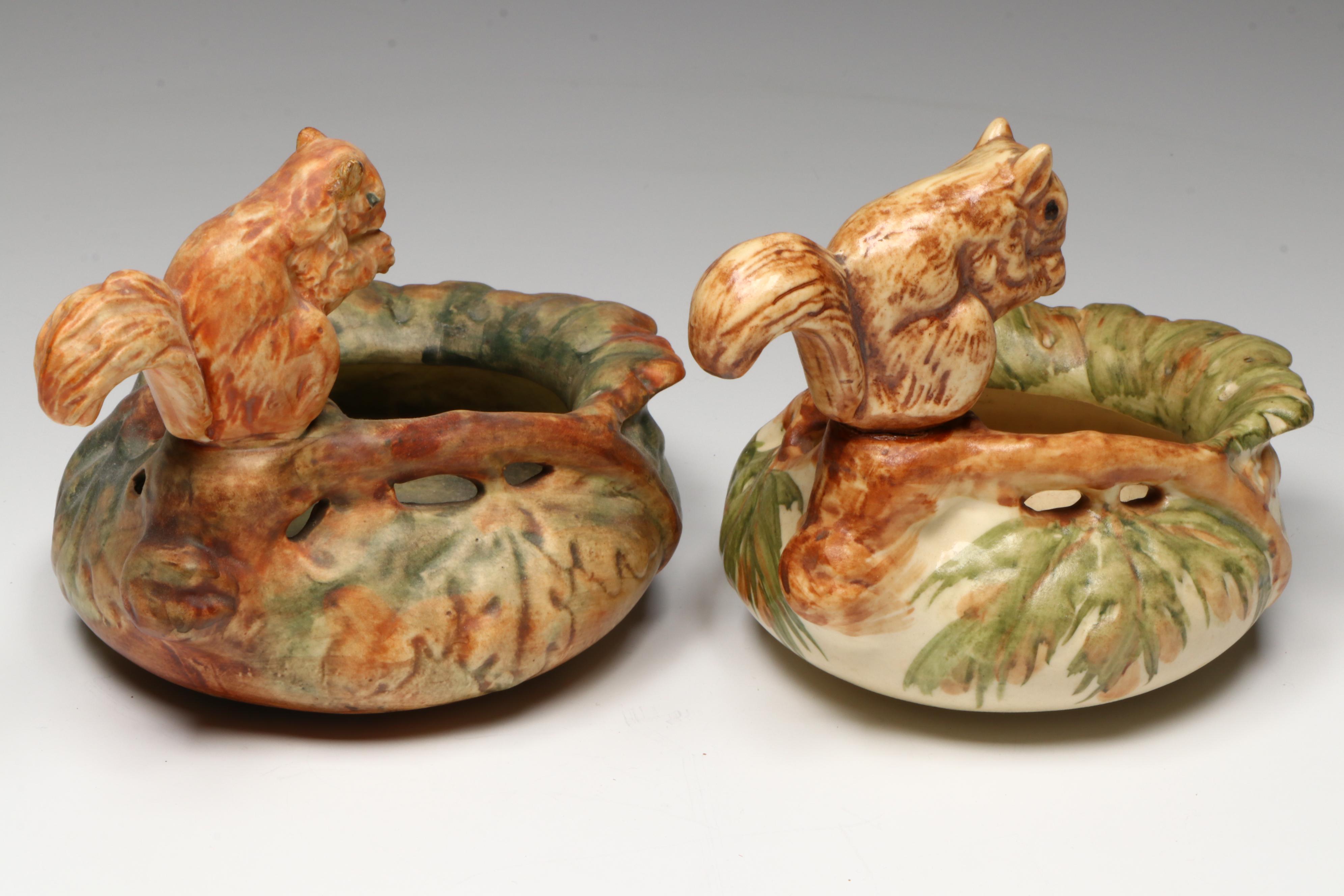 Weller Pottery "Woodcraft" Figural Squirrel Ceramic Wall Pocket and Bowls