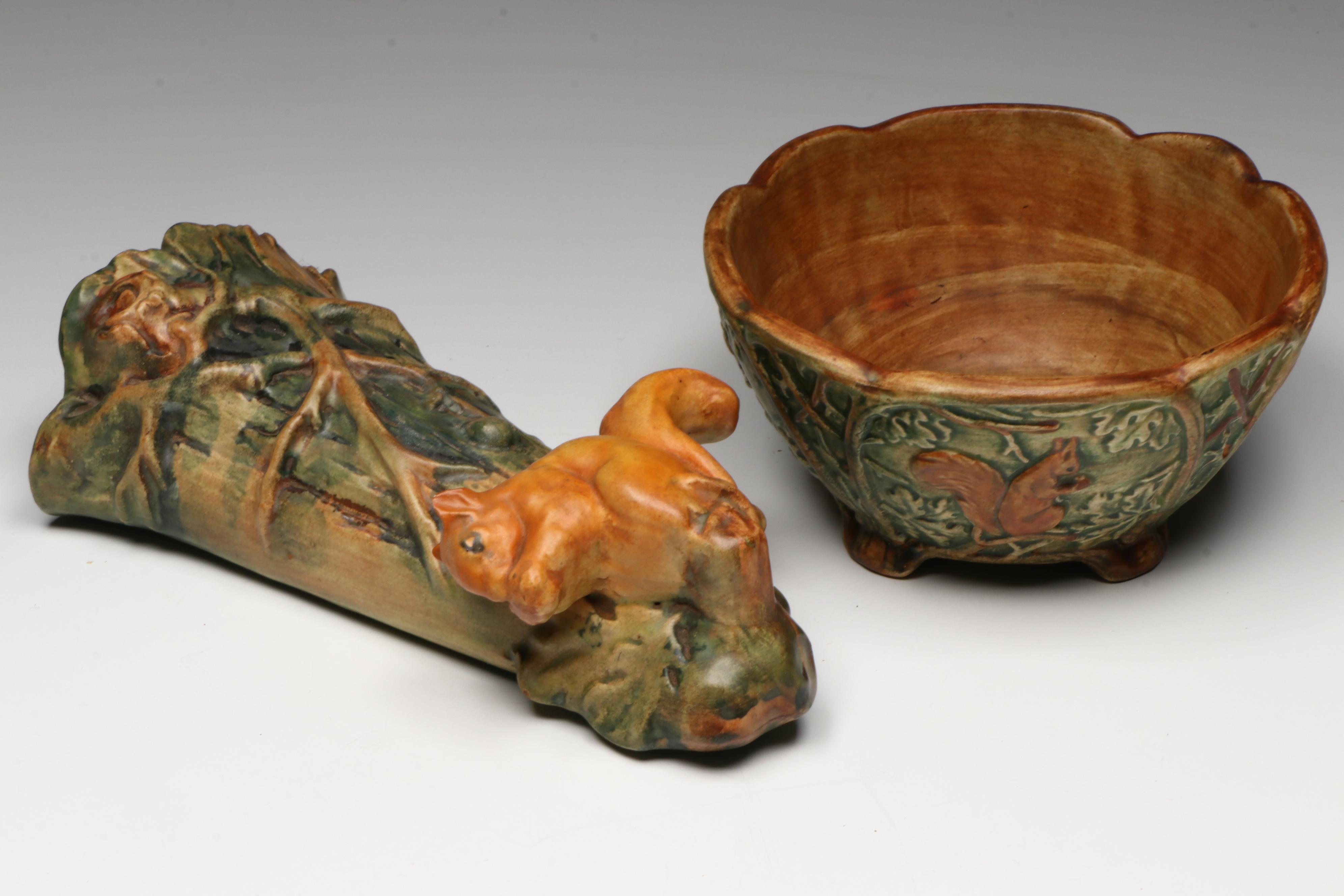 Weller Pottery "Woodcraft" Figural Squirrel Ceramic Wall Pocket and Bowls