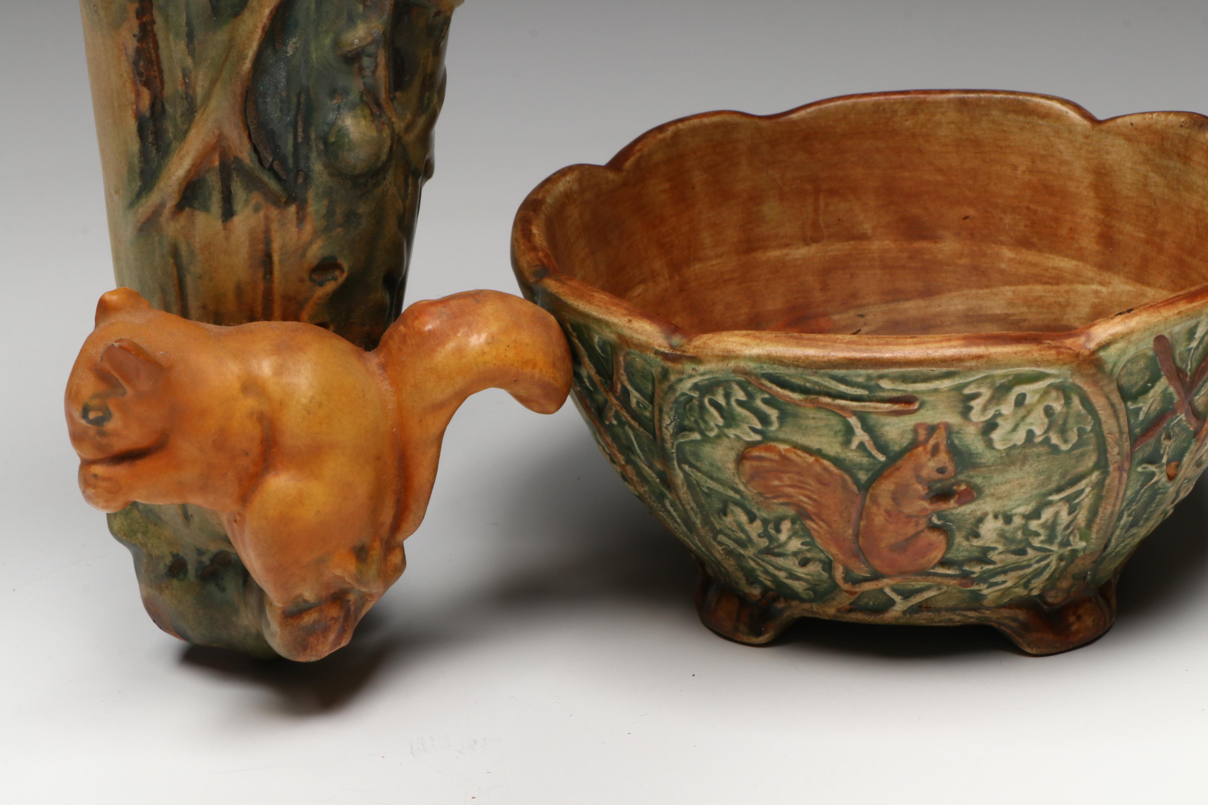 Weller Pottery "Woodcraft" Figural Squirrel Ceramic Wall Pocket and Bowls