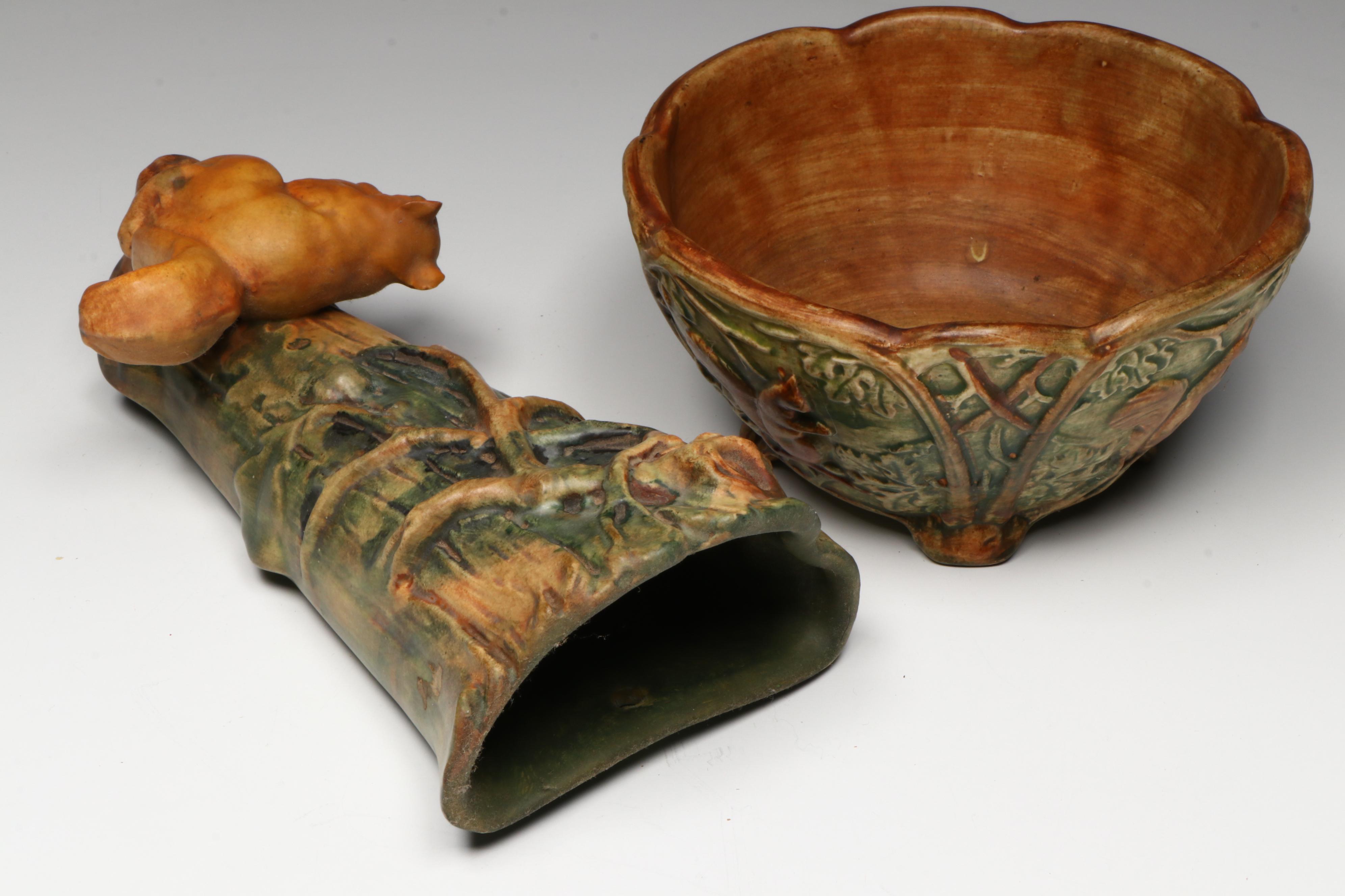 Weller Pottery "Woodcraft" Figural Squirrel Ceramic Wall Pocket and Bowls