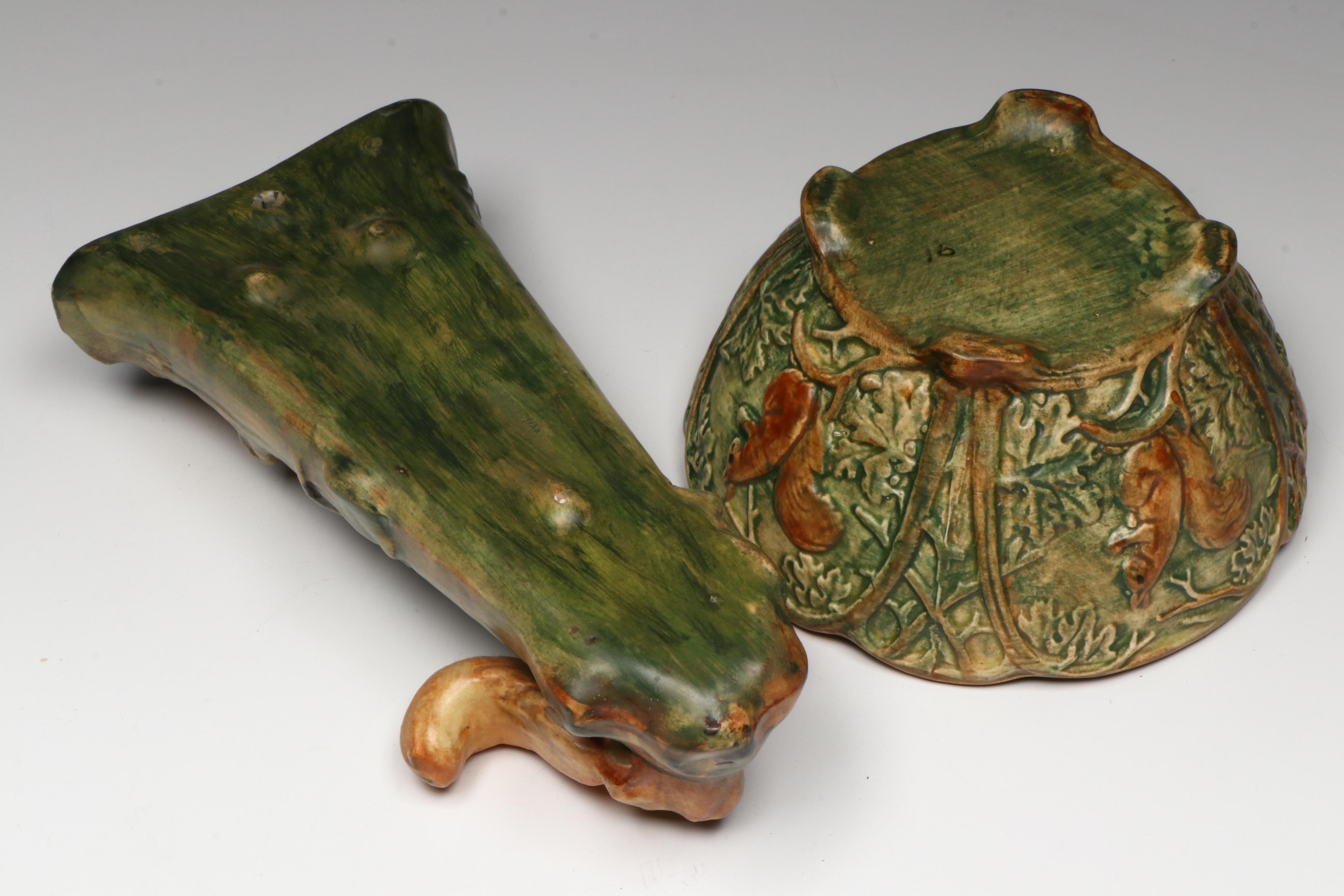 Weller Pottery "Woodcraft" Figural Squirrel Ceramic Wall Pocket and Bowls
