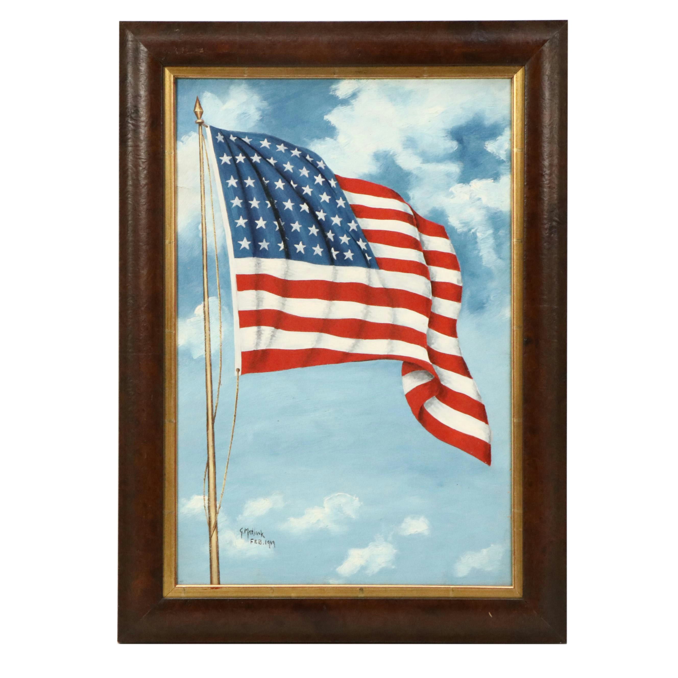G. Matlack Patriotic Oil Painting of American Flag, 1919