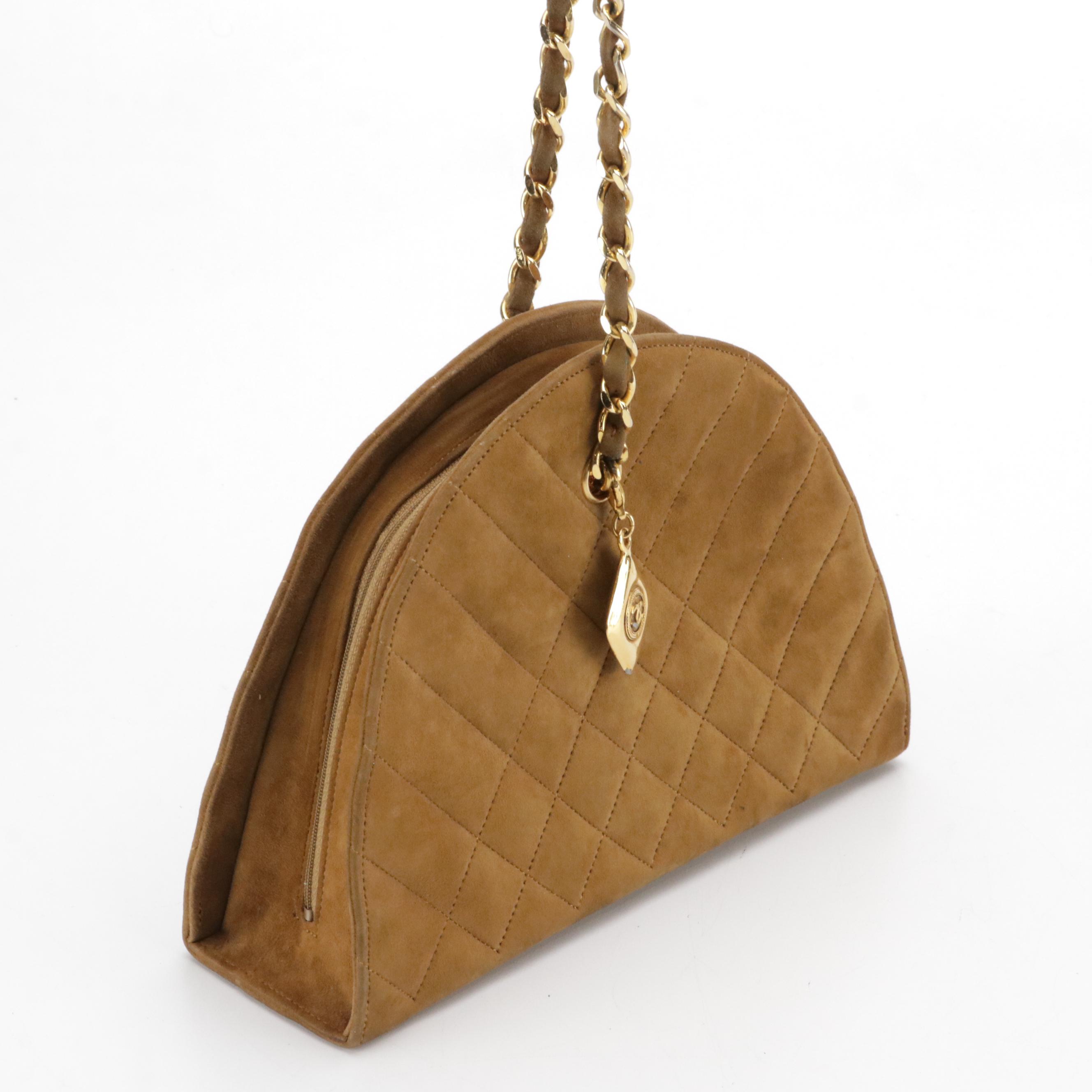Chanel Half Moon Chain Link Shoulder Bag in Brown Stitched Suede