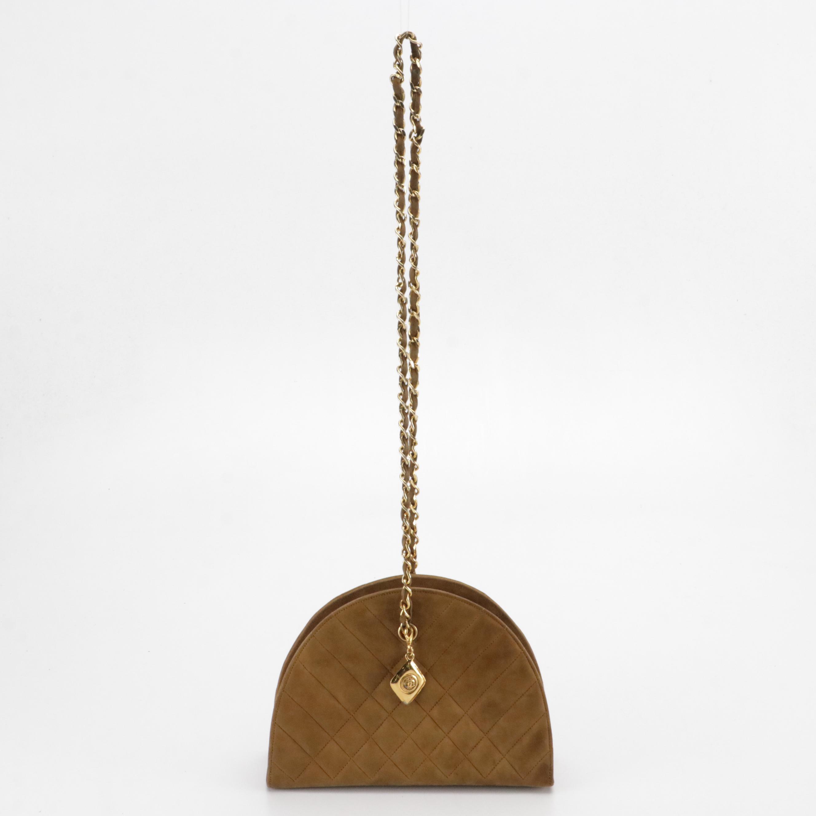 Chanel Half Moon Chain Link Shoulder Bag in Brown Stitched Suede