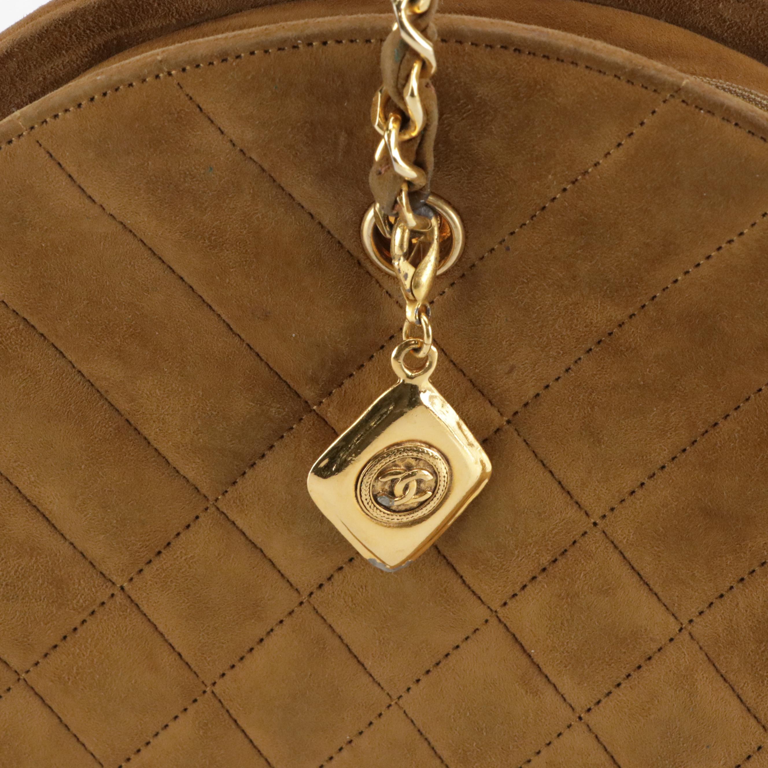 Chanel Half Moon Chain Link Shoulder Bag in Brown Stitched Suede