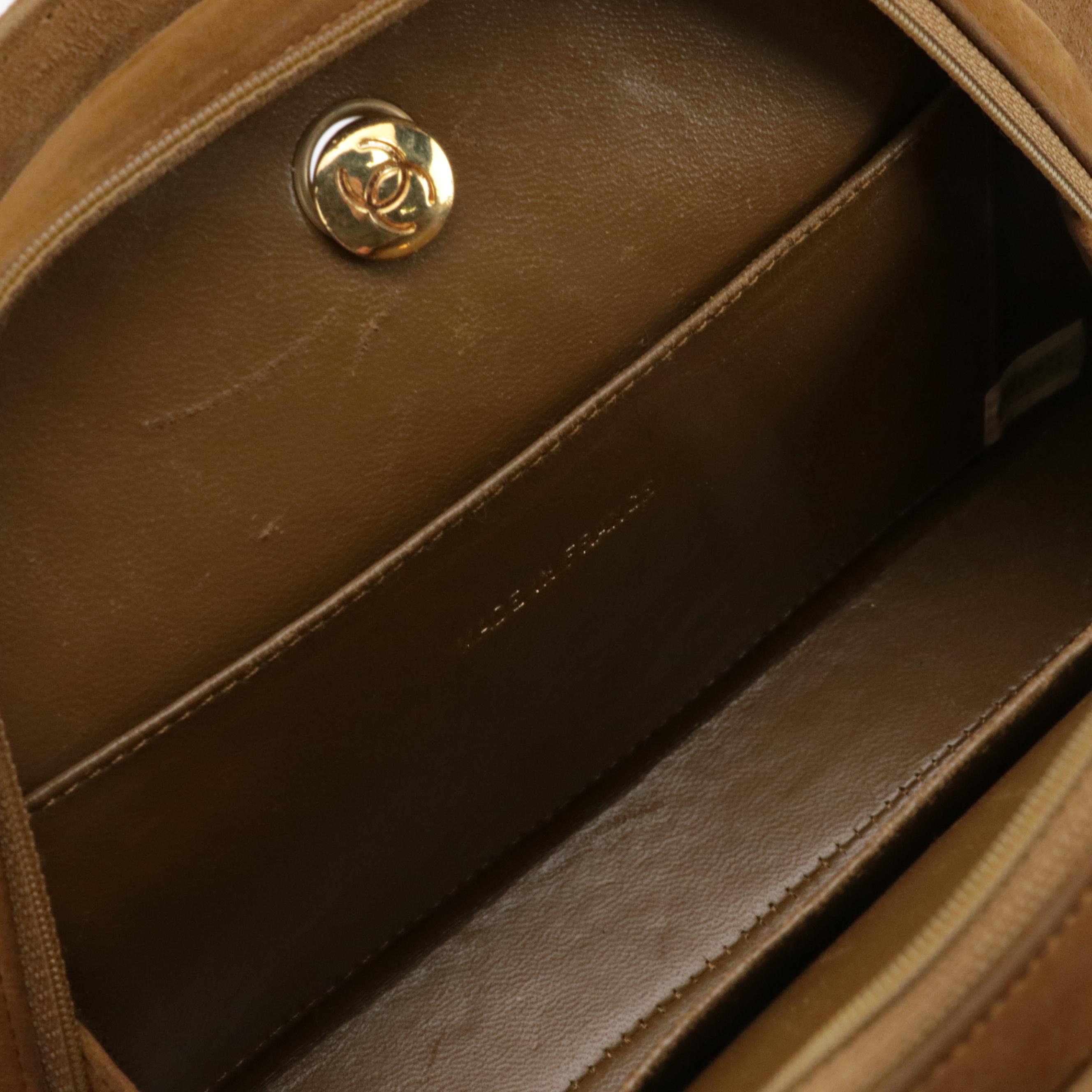 Chanel Half Moon Chain Link Shoulder Bag in Brown Stitched Suede