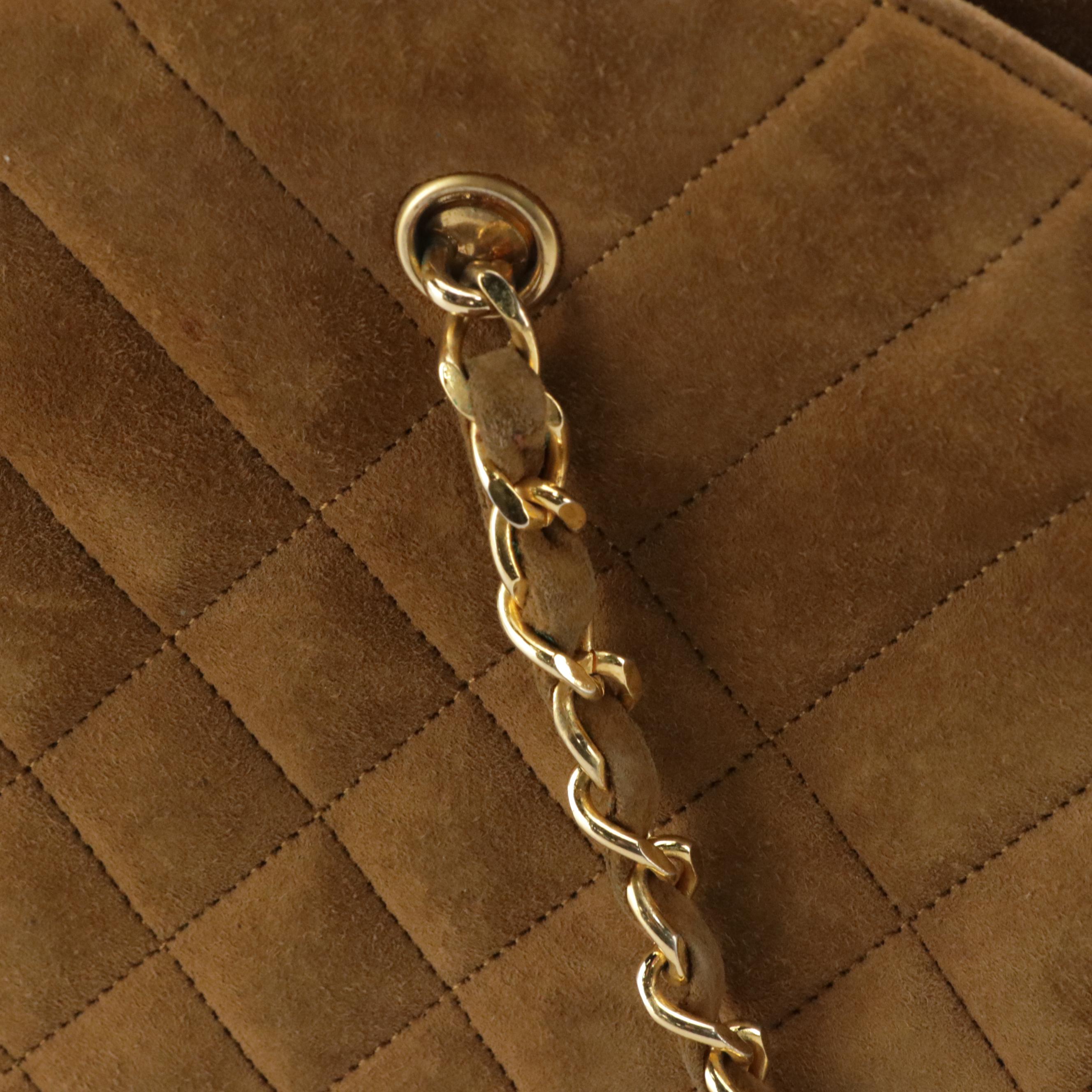 Chanel Half Moon Chain Link Shoulder Bag in Brown Stitched Suede